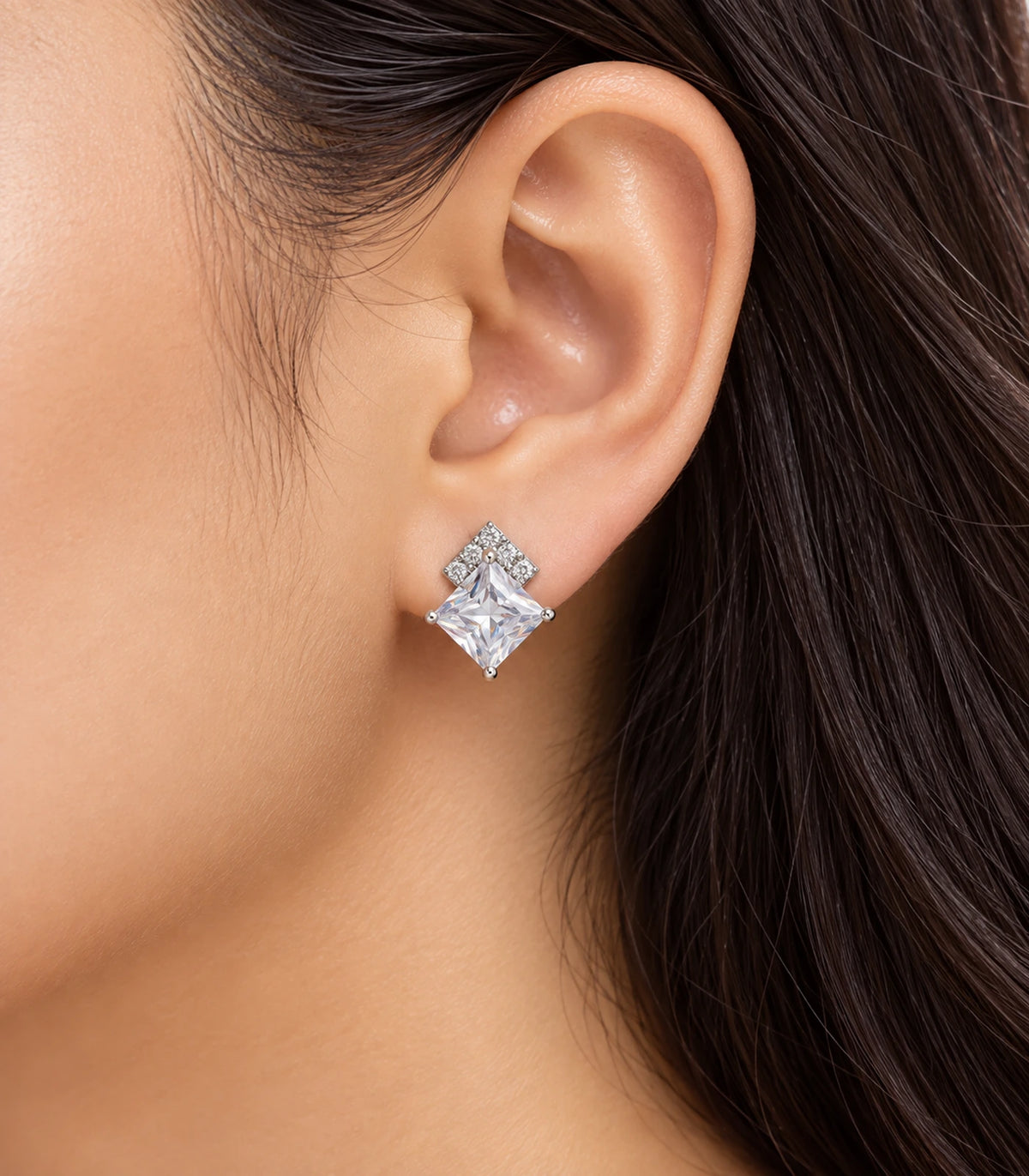 Silver Princess Crystal Kite Stud Earring shown worn in an alternate view