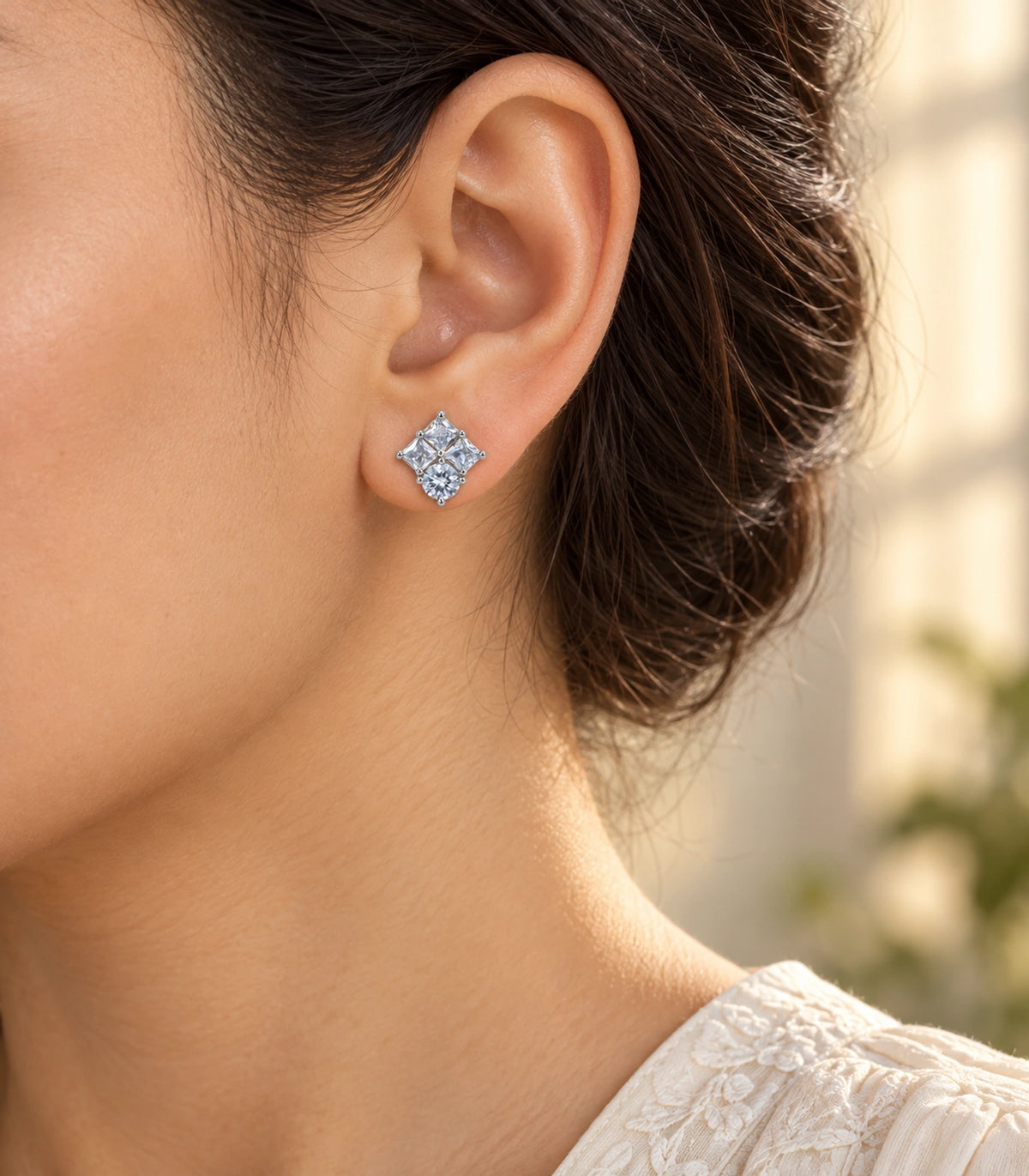 JIMIKI Silver Princess Round Cluster Stud Earrings — editorial worn styling #color_silver