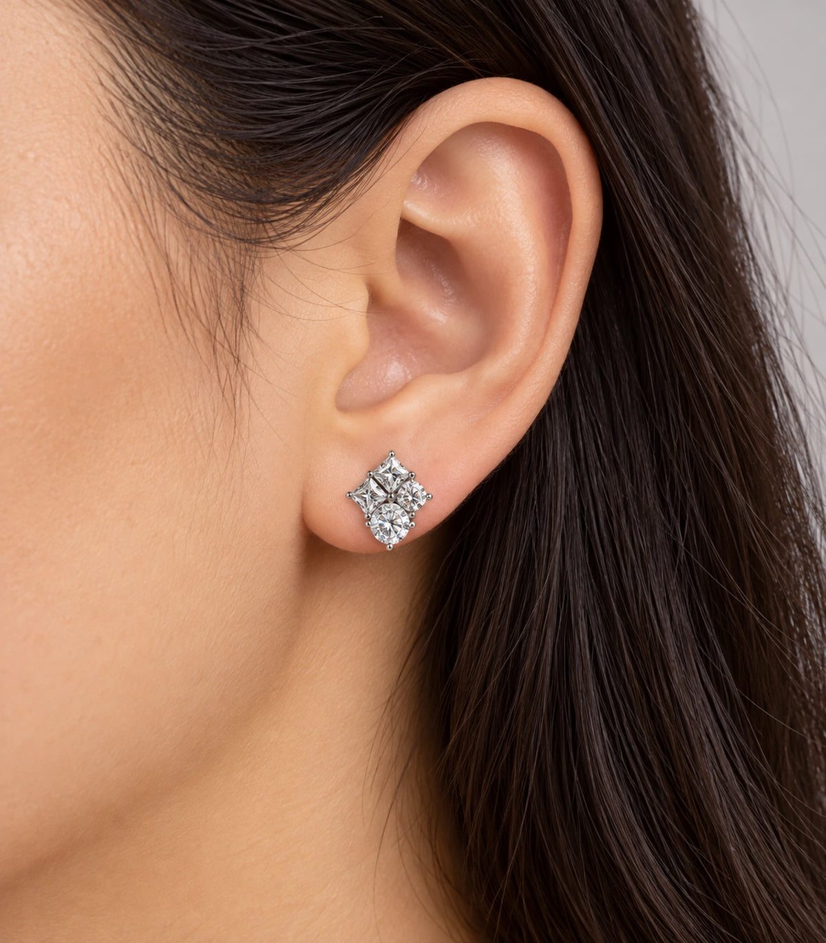 JIMIKI Silver Princess Round Cluster Stud Earrings — worn styling view #color_silver