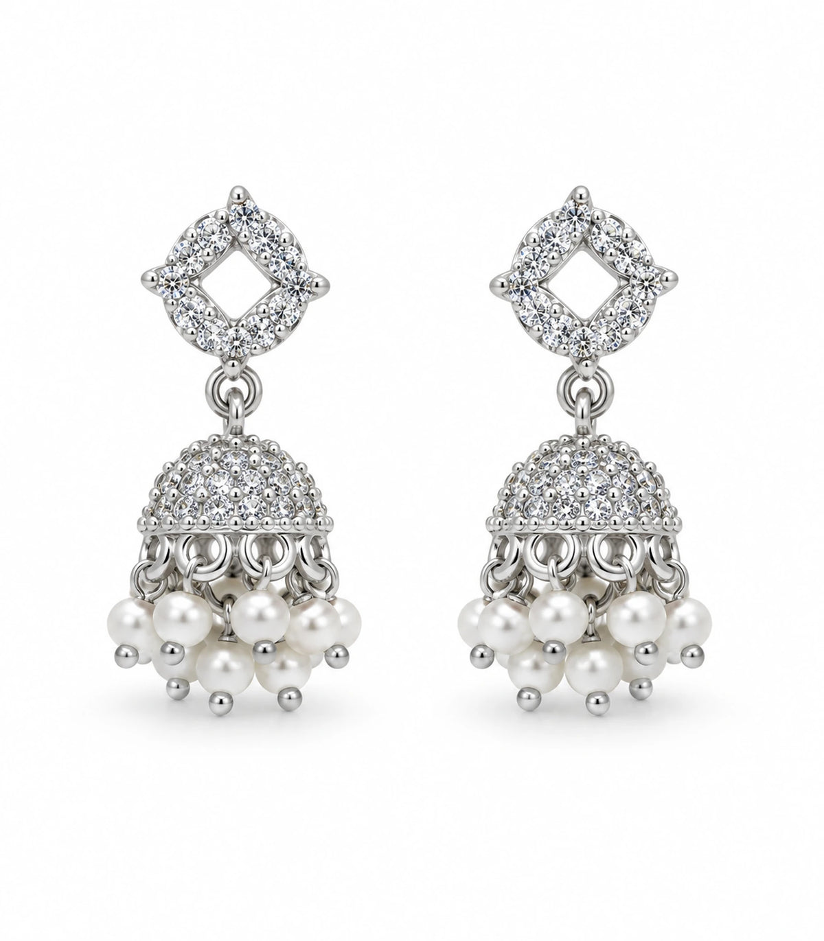 JIMIKI Silver Quatrefoil Crystal Jhumka Earrings - Matching pair on a white background #color_silver