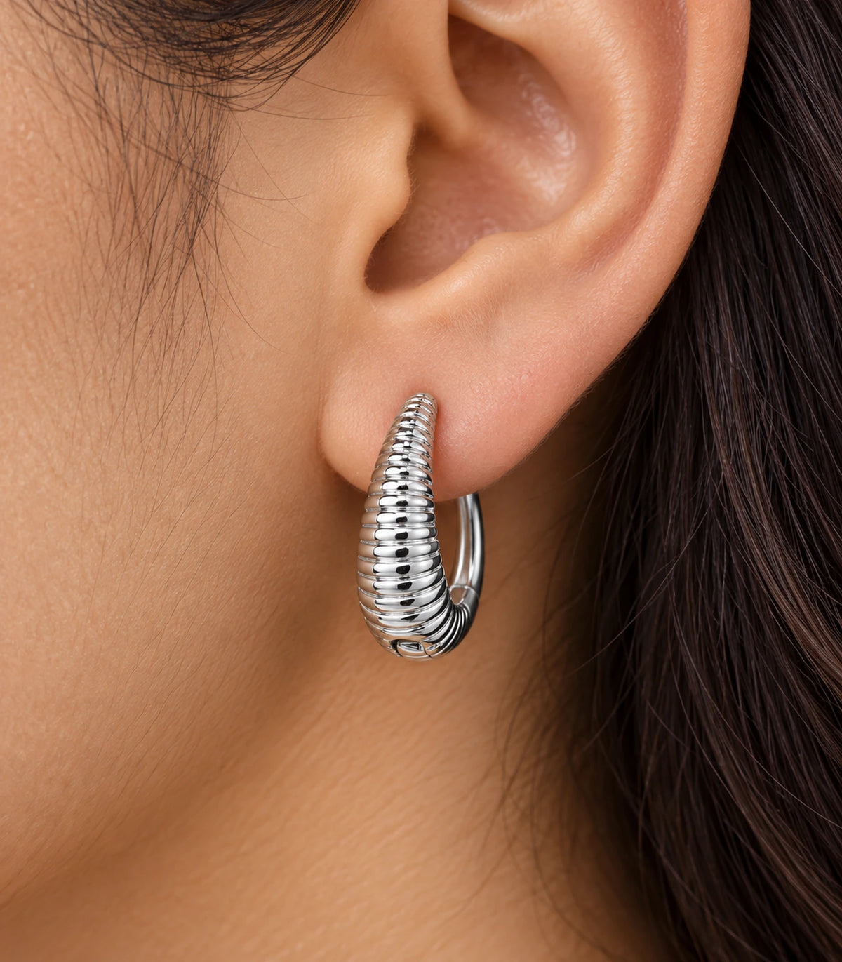 JIMIKI Ribbed Teardrop Hoop Earrings in Silver - closeup #color_silver