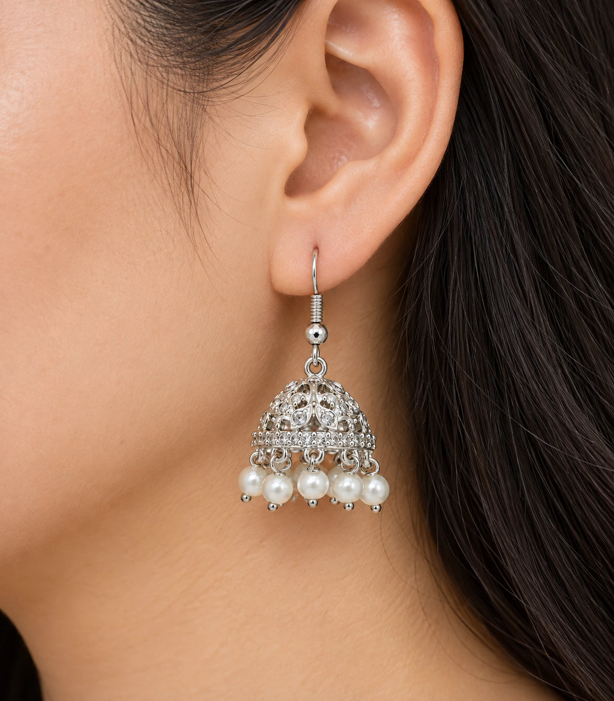 JIMIKI Silver Round Crystal Openwork Jhumka Earrings - Worn close-up of leaf-framed round accents #color_silver