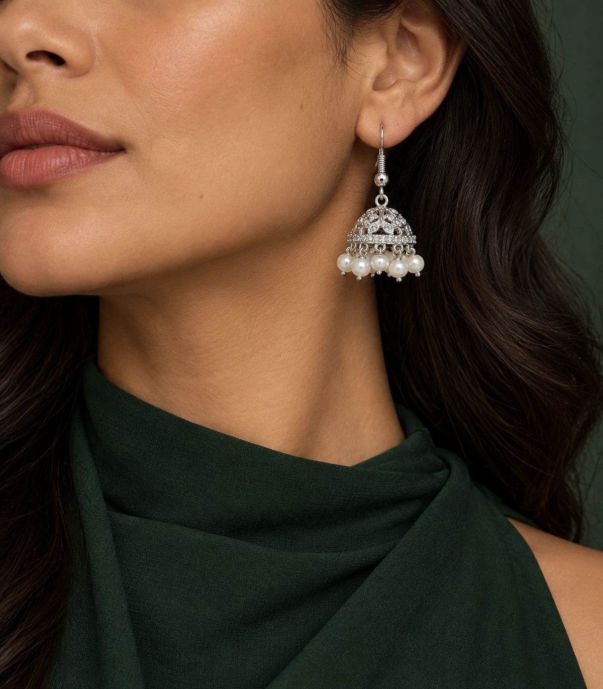 JIMIKI Silver Round Crystal Openwork Jhumka Earrings - Earring styled with a dark green outfit #color_silver