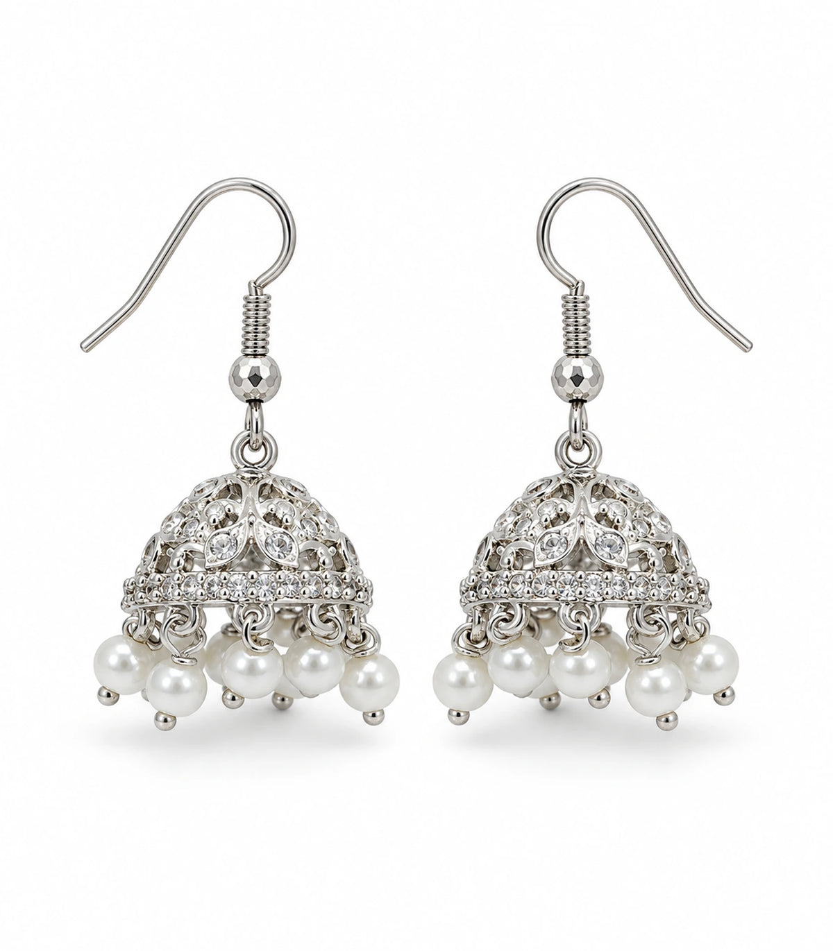 JIMIKI Silver Round Crystal Openwork Jhumka Earrings - Matching pair on white #color_silver