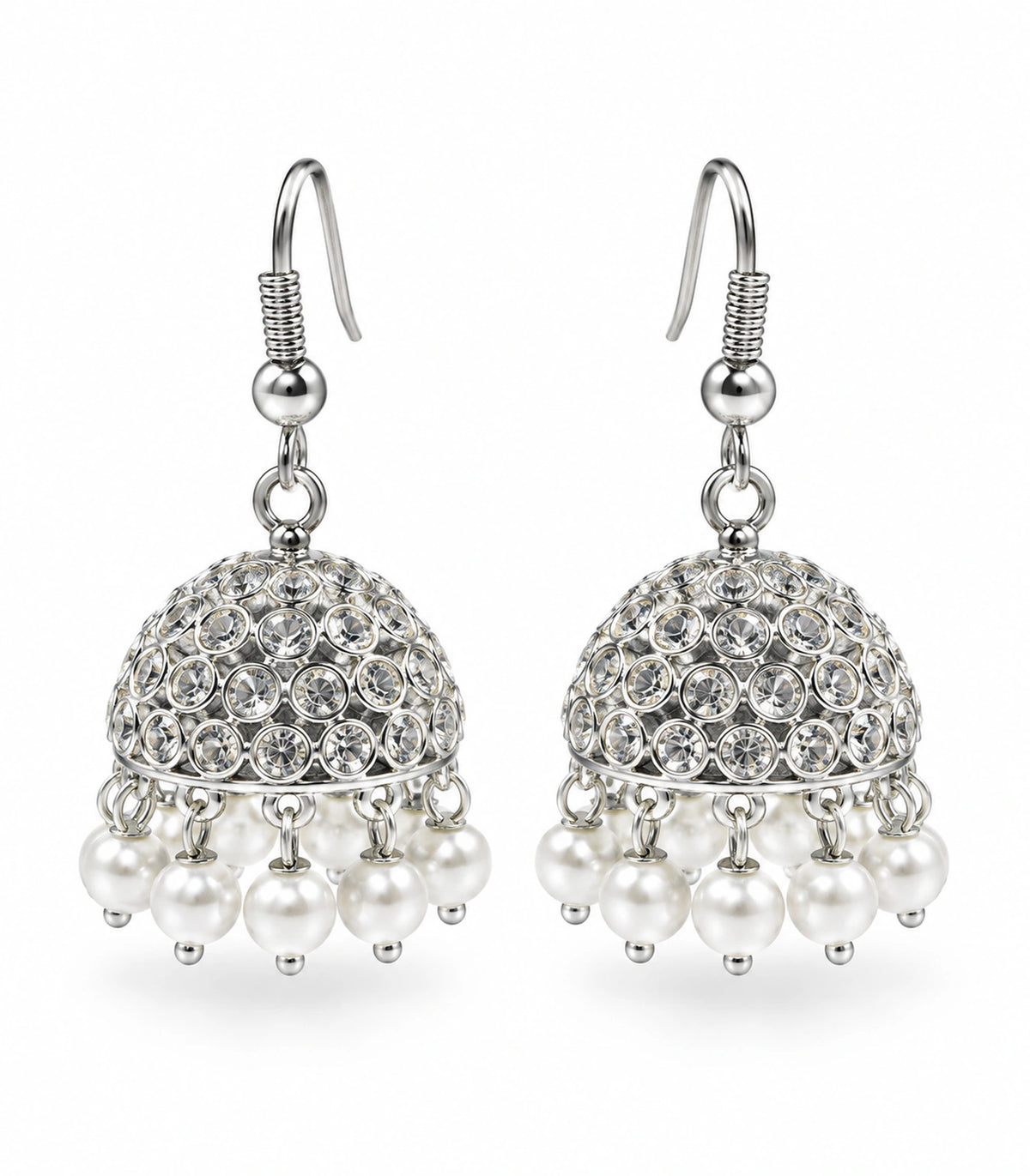 Silver-tone round crystal-style jhumka earring pair with white pearl-effect fringe on white #color_silver