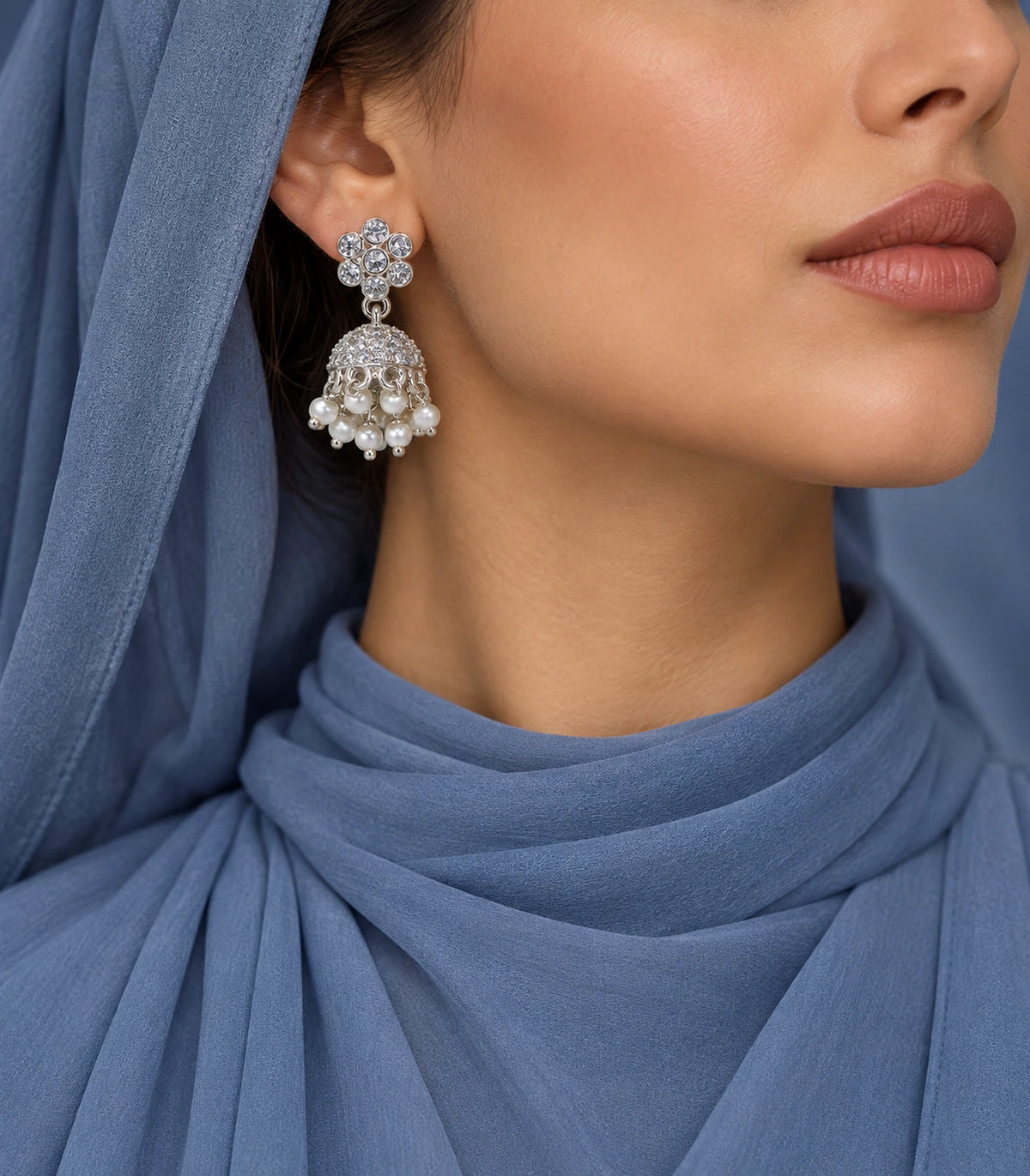JIMIKI Silver Seven-Stone Flower Jhumka Earrings - Earring styled with a blue draped outfit #color_silver