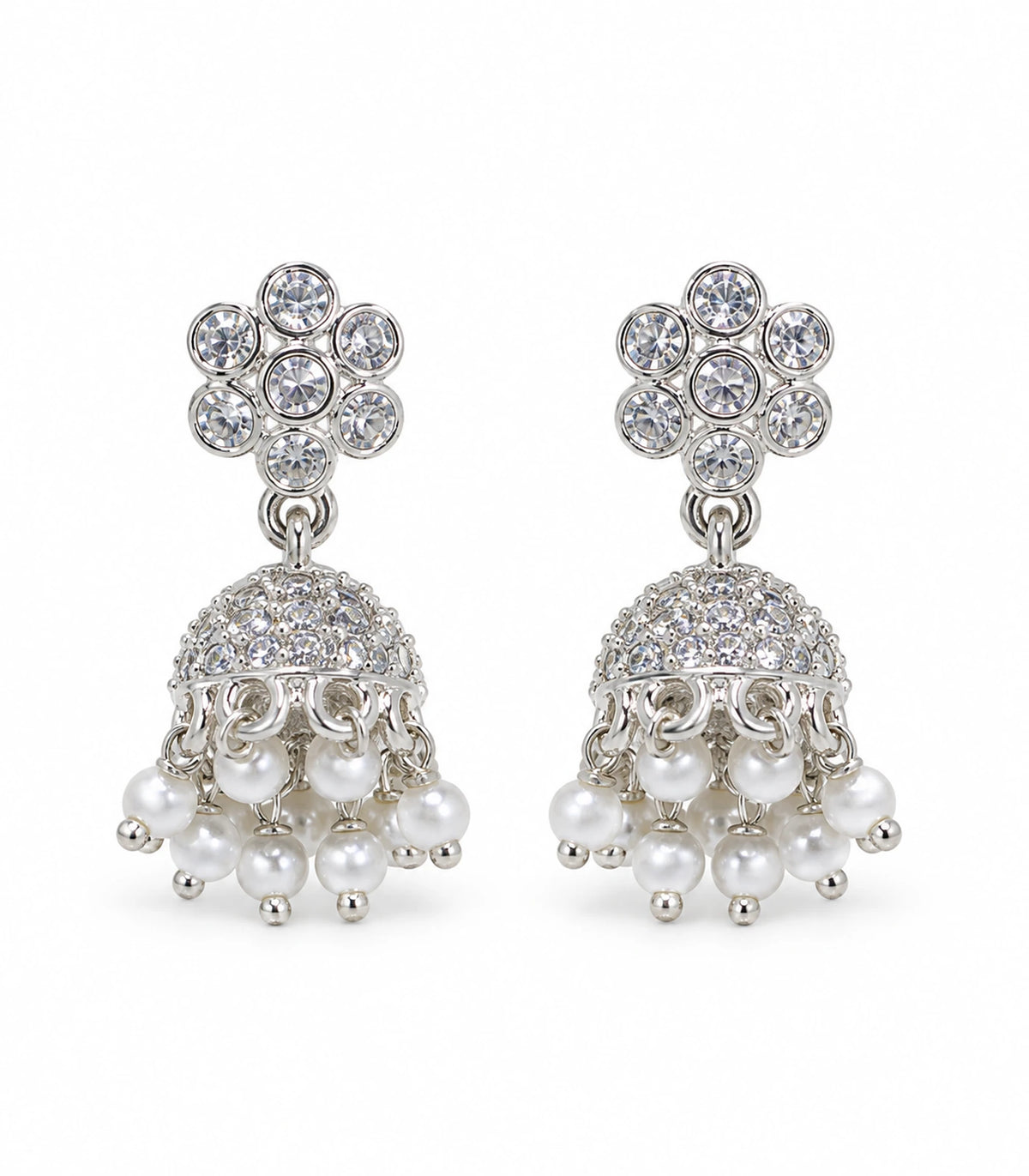 JIMIKI Silver Seven-Stone Flower Jhumka Earrings - Matching pair on white #color_silver