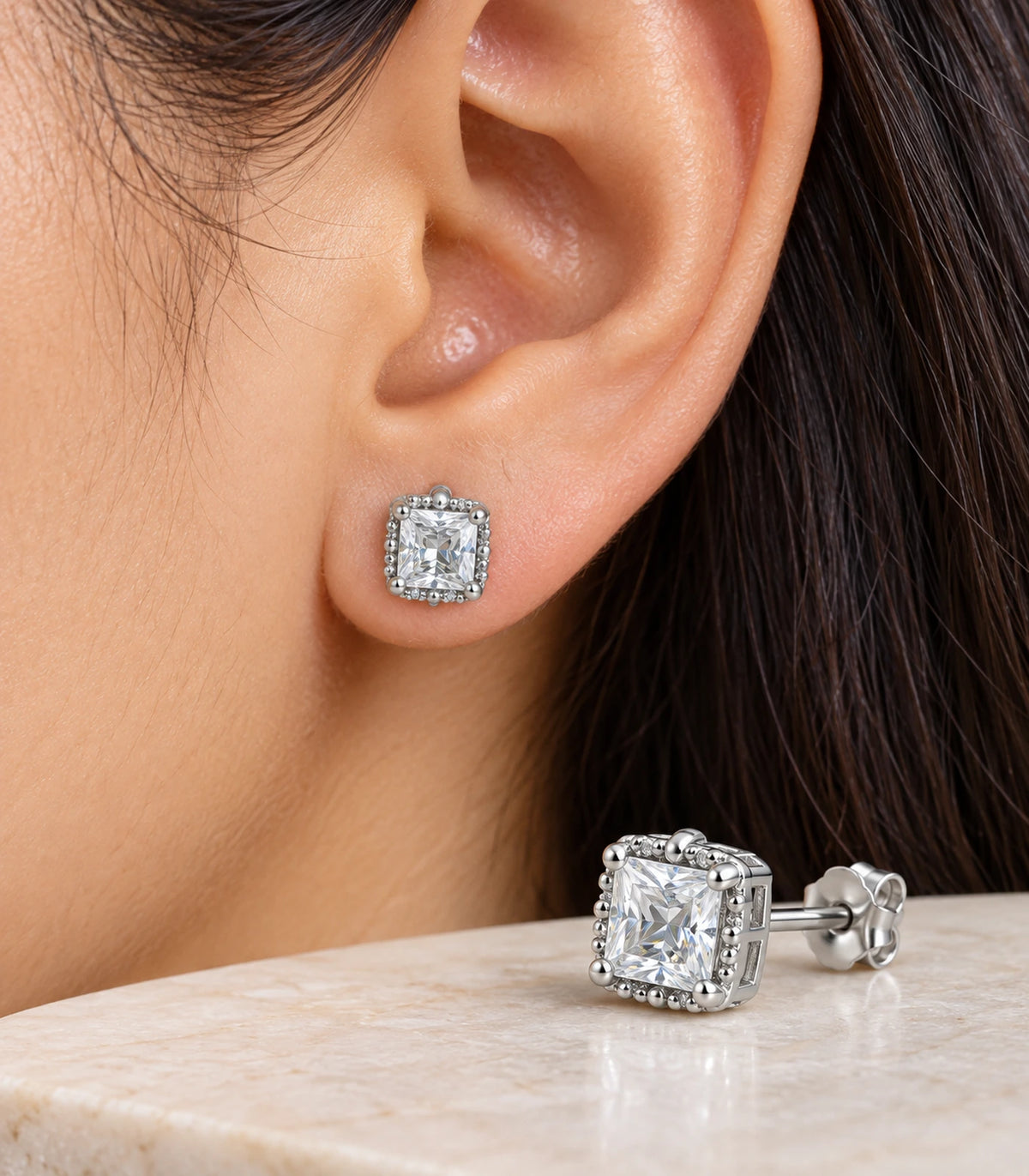 JIMIKI Silver Square Halo Crystal Stud Earrings in Silver - close-up details #color_silver