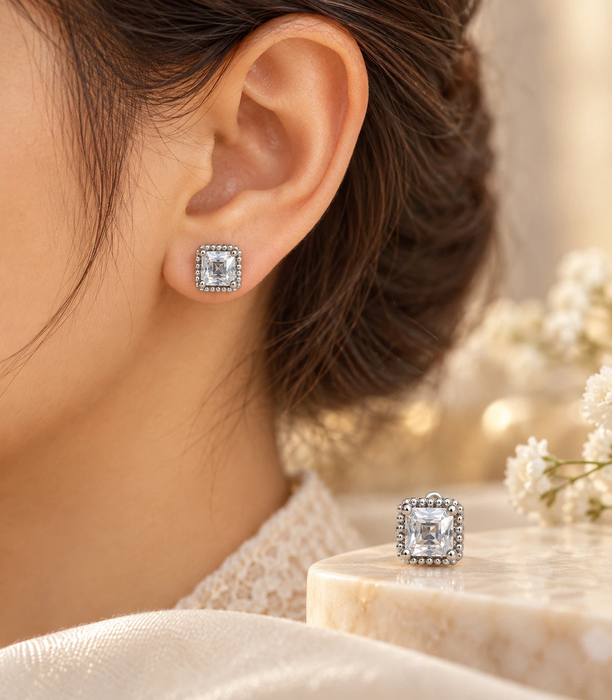 JIMIKI Silver Square Halo Crystal Stud Earrings in Silver - editorial worn view #color_silver
