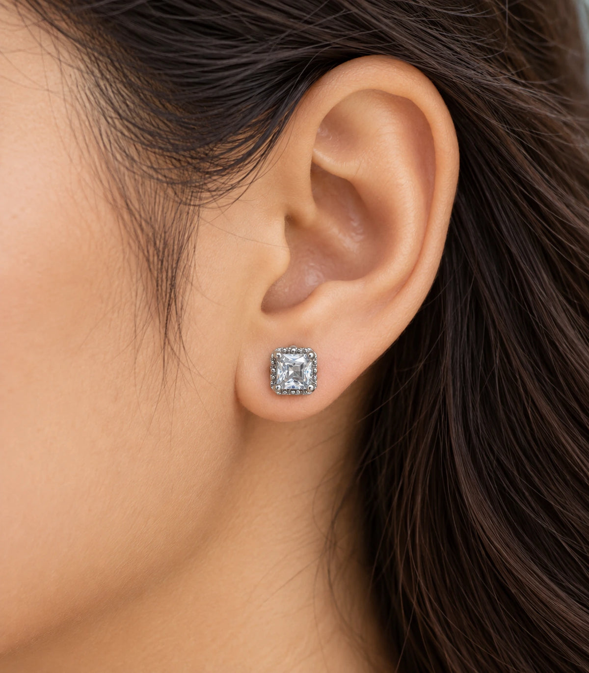 JIMIKI Silver Square Halo Crystal Stud Earrings in Silver - worn styling view #color_silver