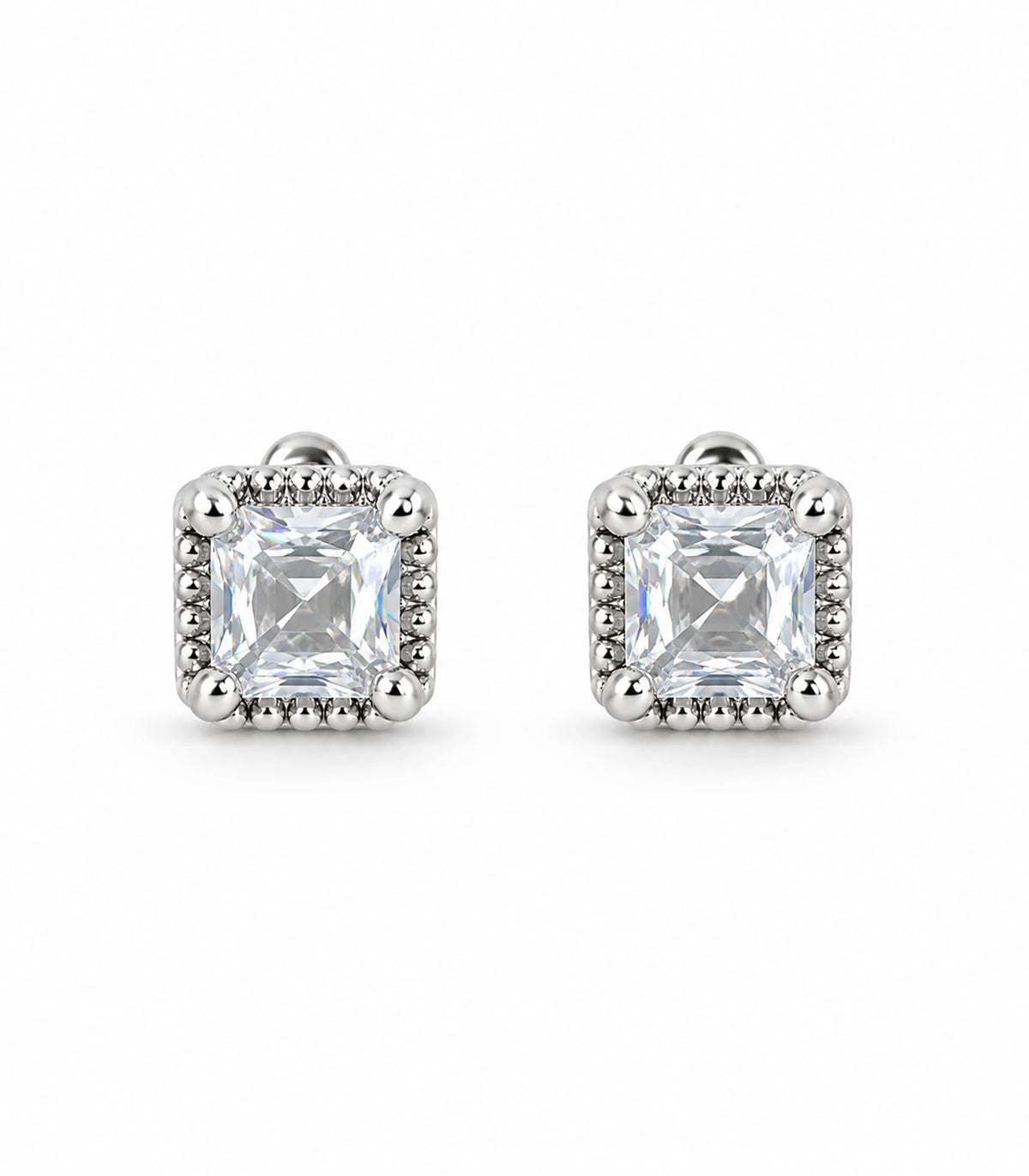 JIMIKI Silver Square Halo Crystal Stud Earrings in Silver - product on white #color_silver