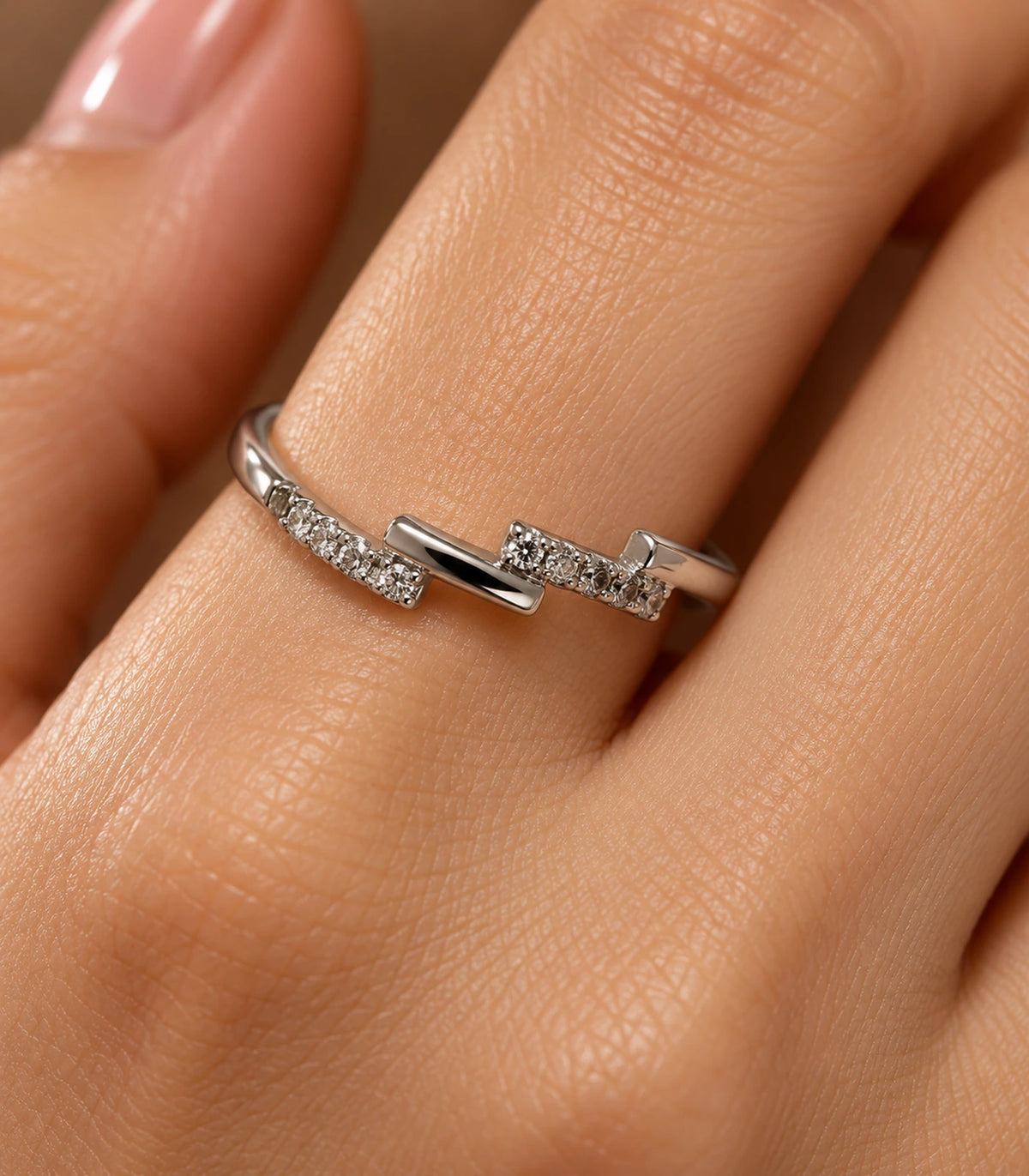 JIMIKI Silver Stepped Crystal Bypass Ring in Silver - close-up details #color_silver