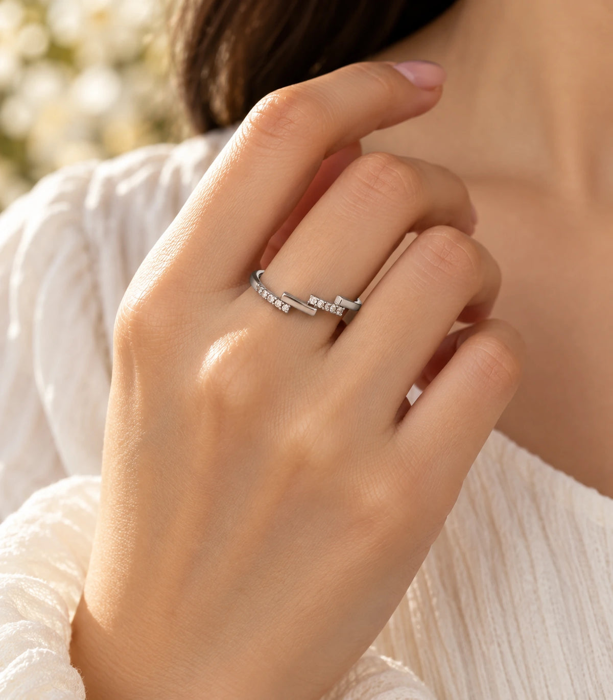 JIMIKI Silver Stepped Crystal Bypass Ring in Silver - editorial worn view #color_silver
