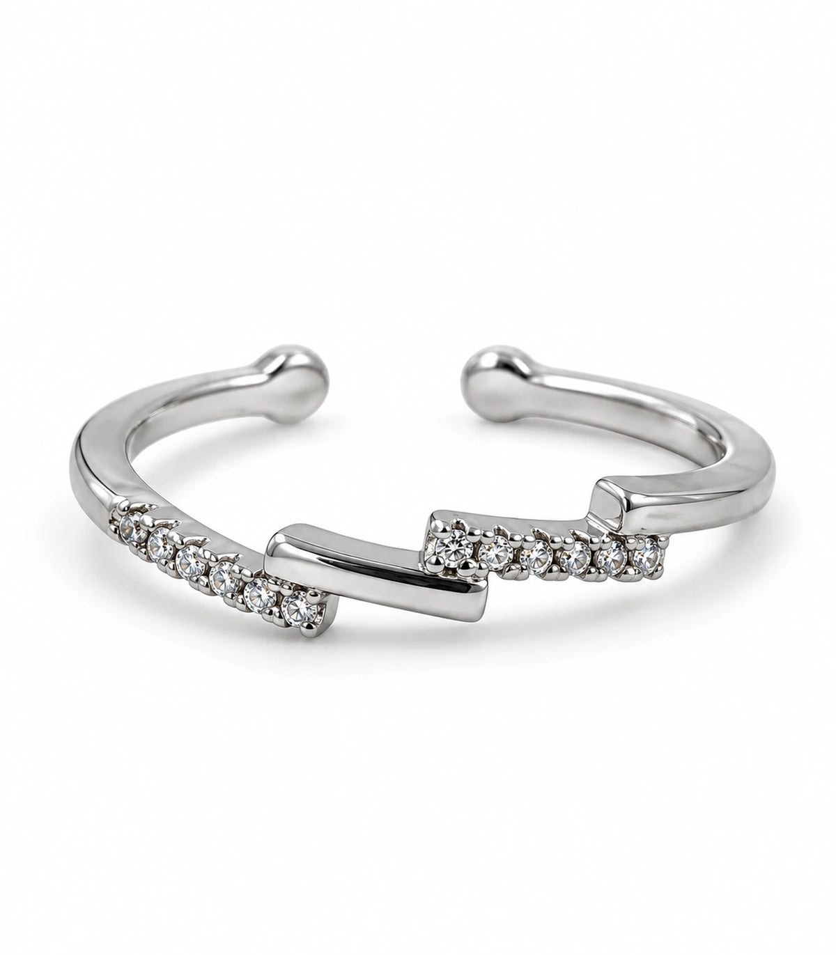 JIMIKI Silver Stepped Crystal Bypass Ring in Silver - product on white #color_silver