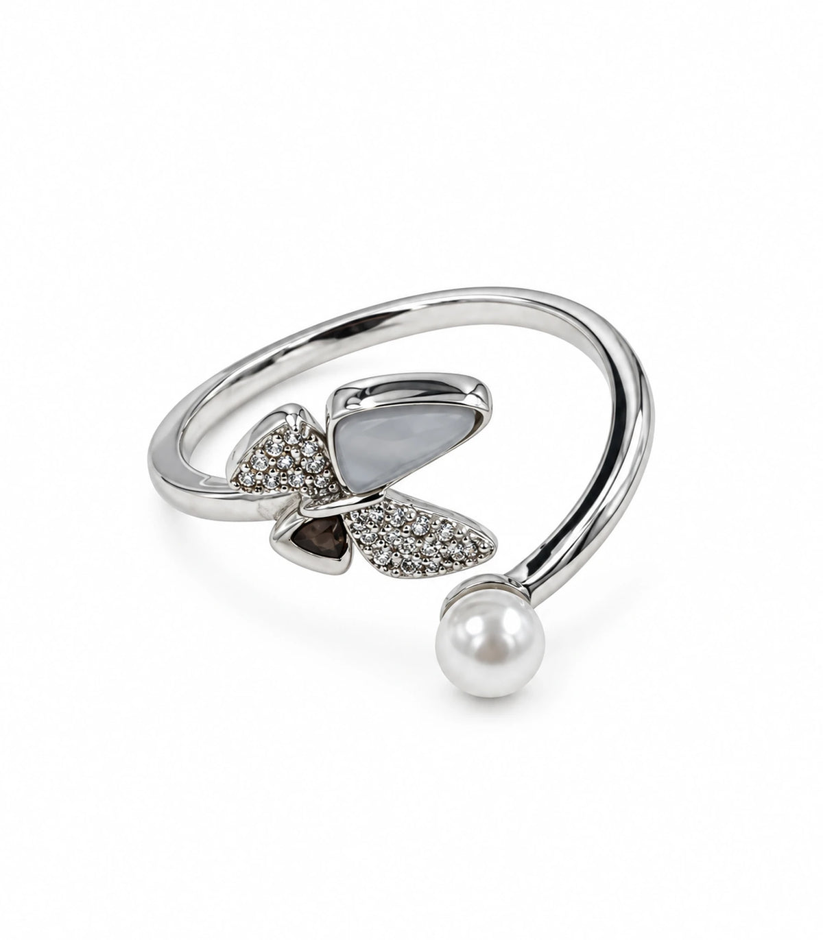 Silver-tone swirl open ring with pearl-like end and crystal-style cluster on white background