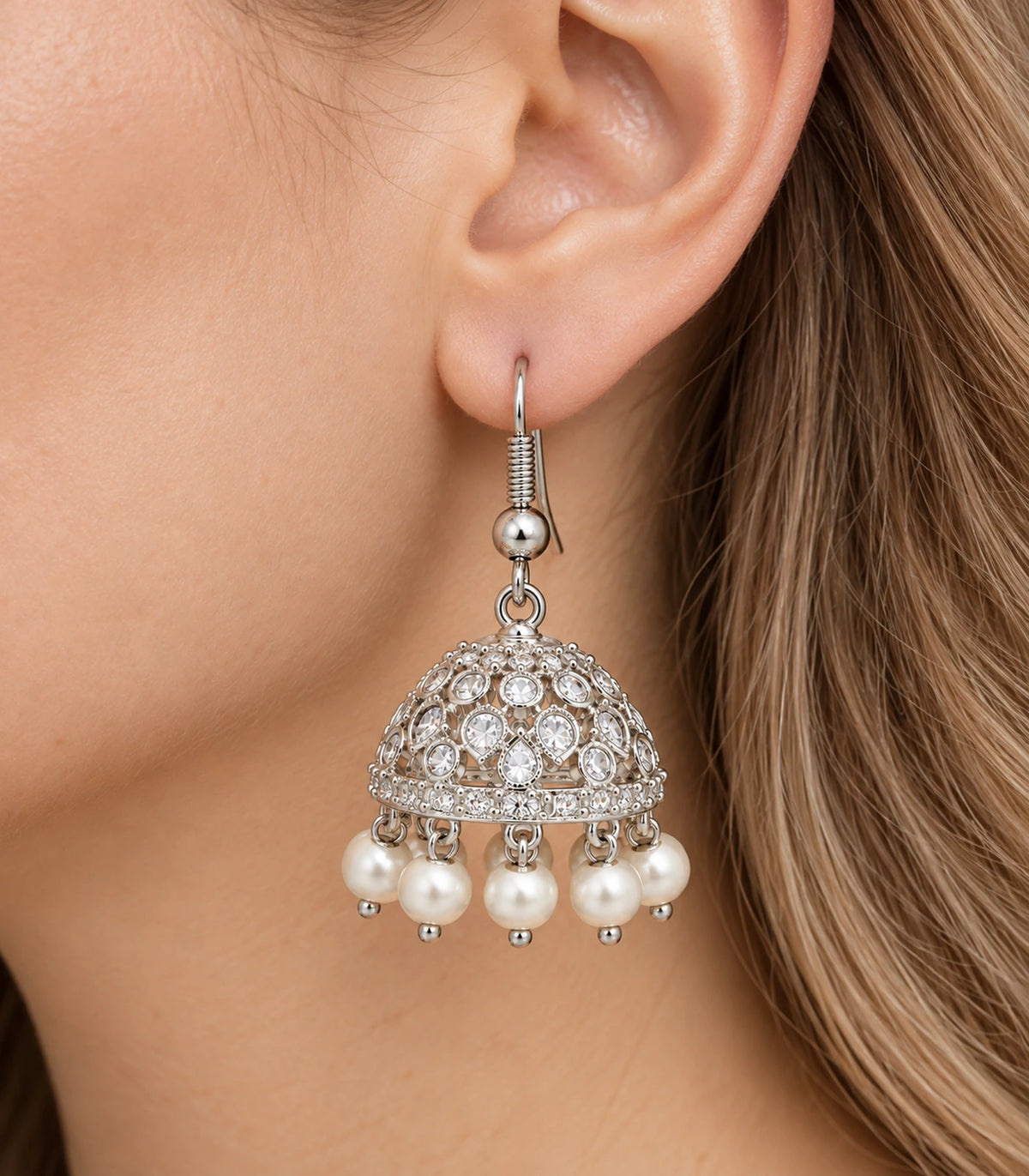 JIMIKI Silver Teardrop Crystal Openwork Jhumka Earrings - Worn close-up of round and teardrop accents #color_silver