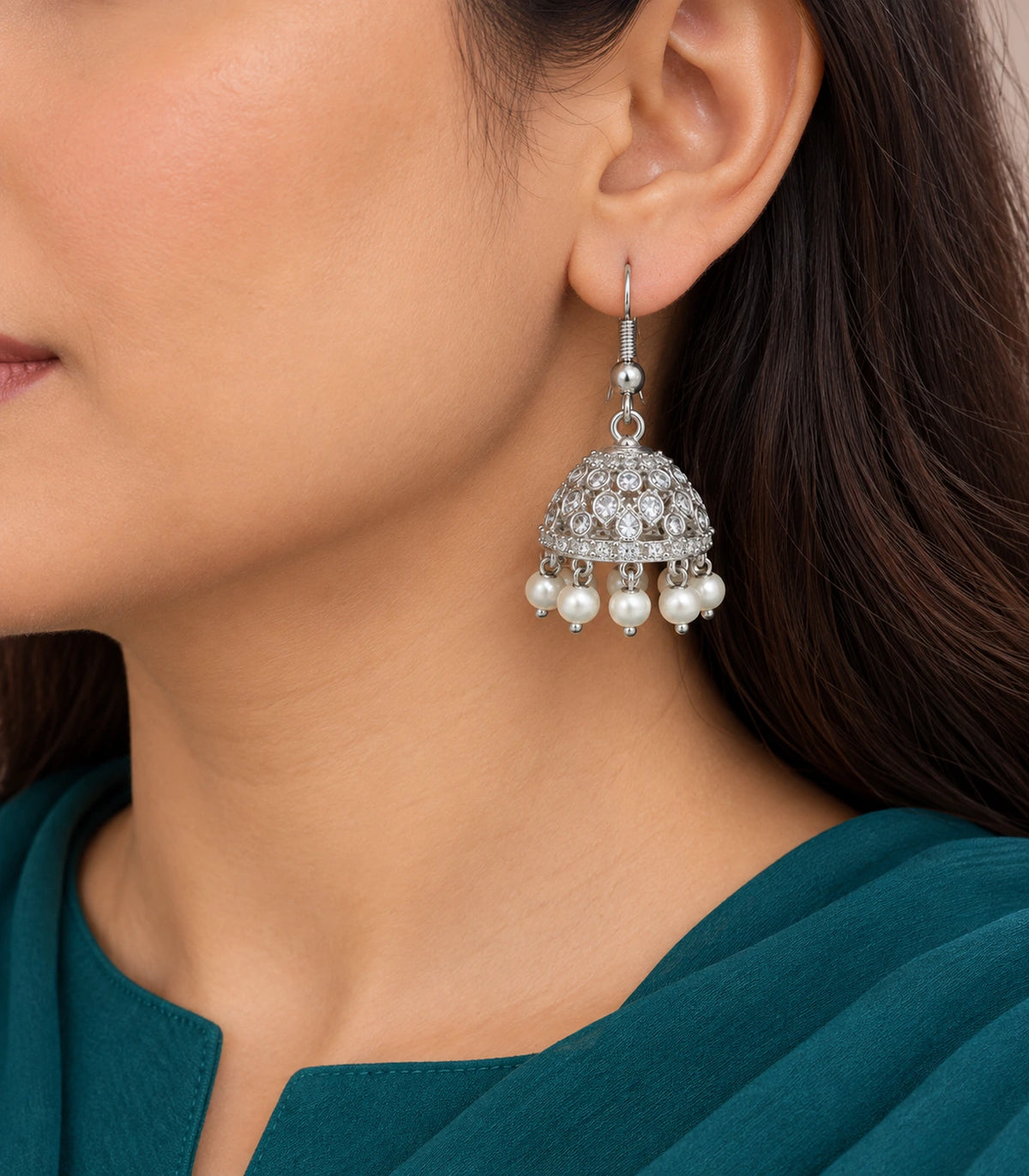 JIMIKI Silver Teardrop Crystal Openwork Jhumka Earrings - Earring worn with a teal outfit #color_silver