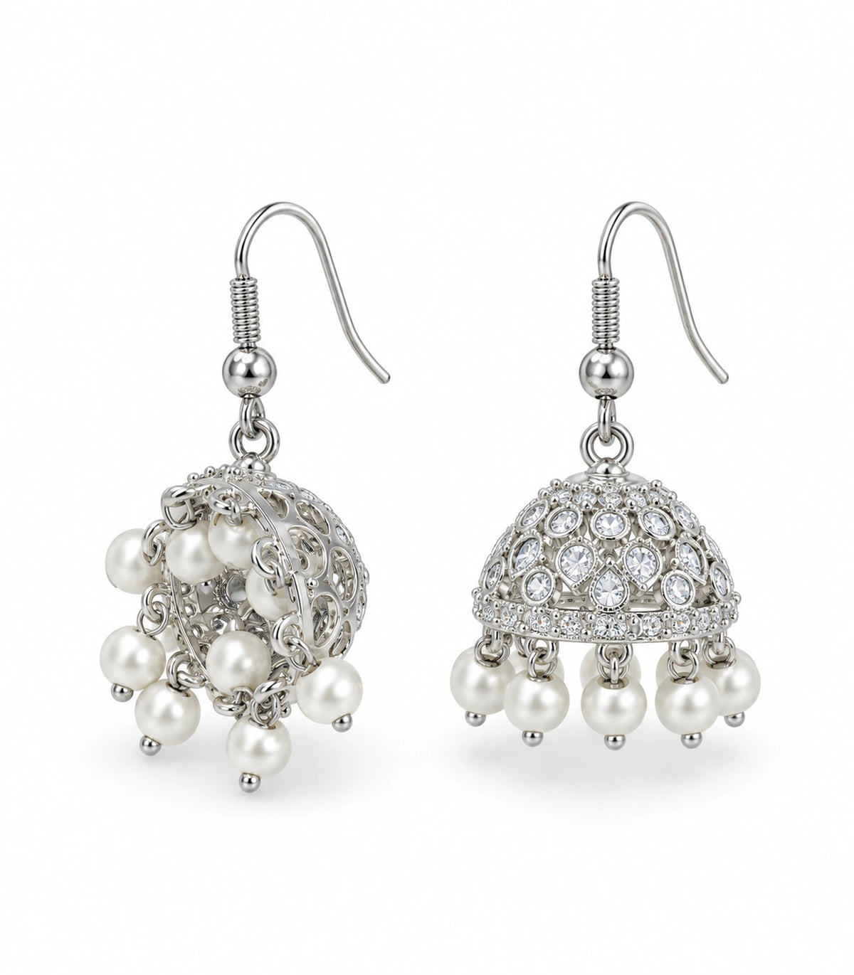 JIMIKI Silver Teardrop Crystal Openwork Jhumka Earrings - Matching pair on white showing front and underside #color_silver