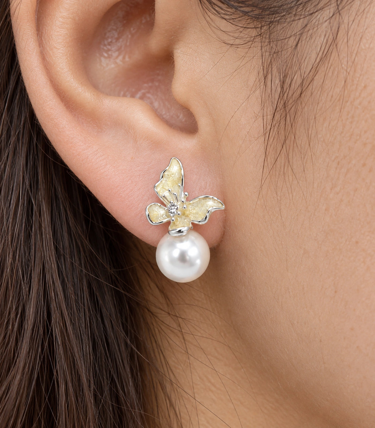 JIMIKI Asymmetric Butterfly Pearl-Style Earrings in Cream / silver-tone / white, close-up detail #color_cream / silver-tone / white