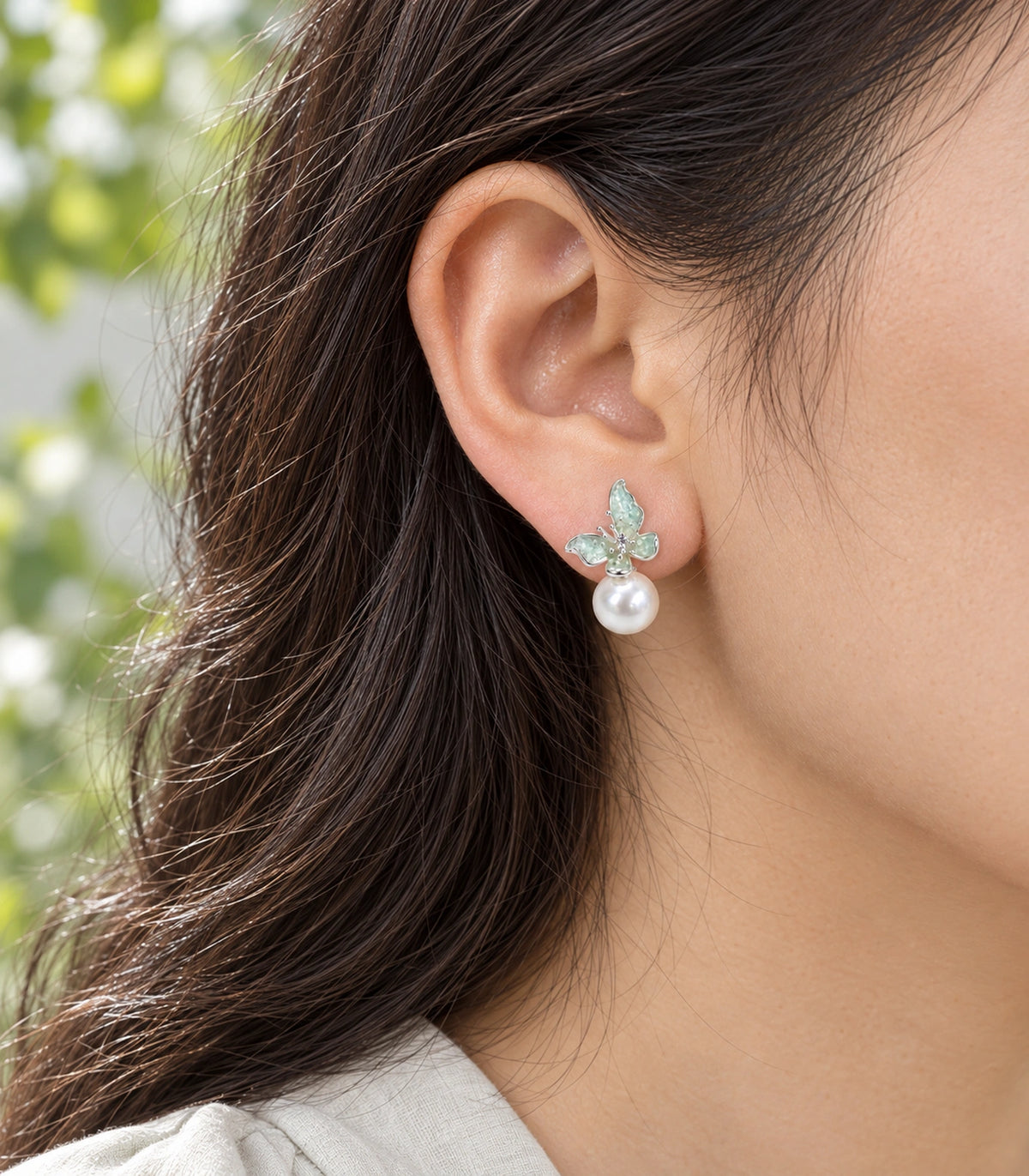 JIMIKI Asymmetric Butterfly Pearl-Style Earrings in Mint / silver-tone / white, close-up detail #color_mint / silver-tone / white