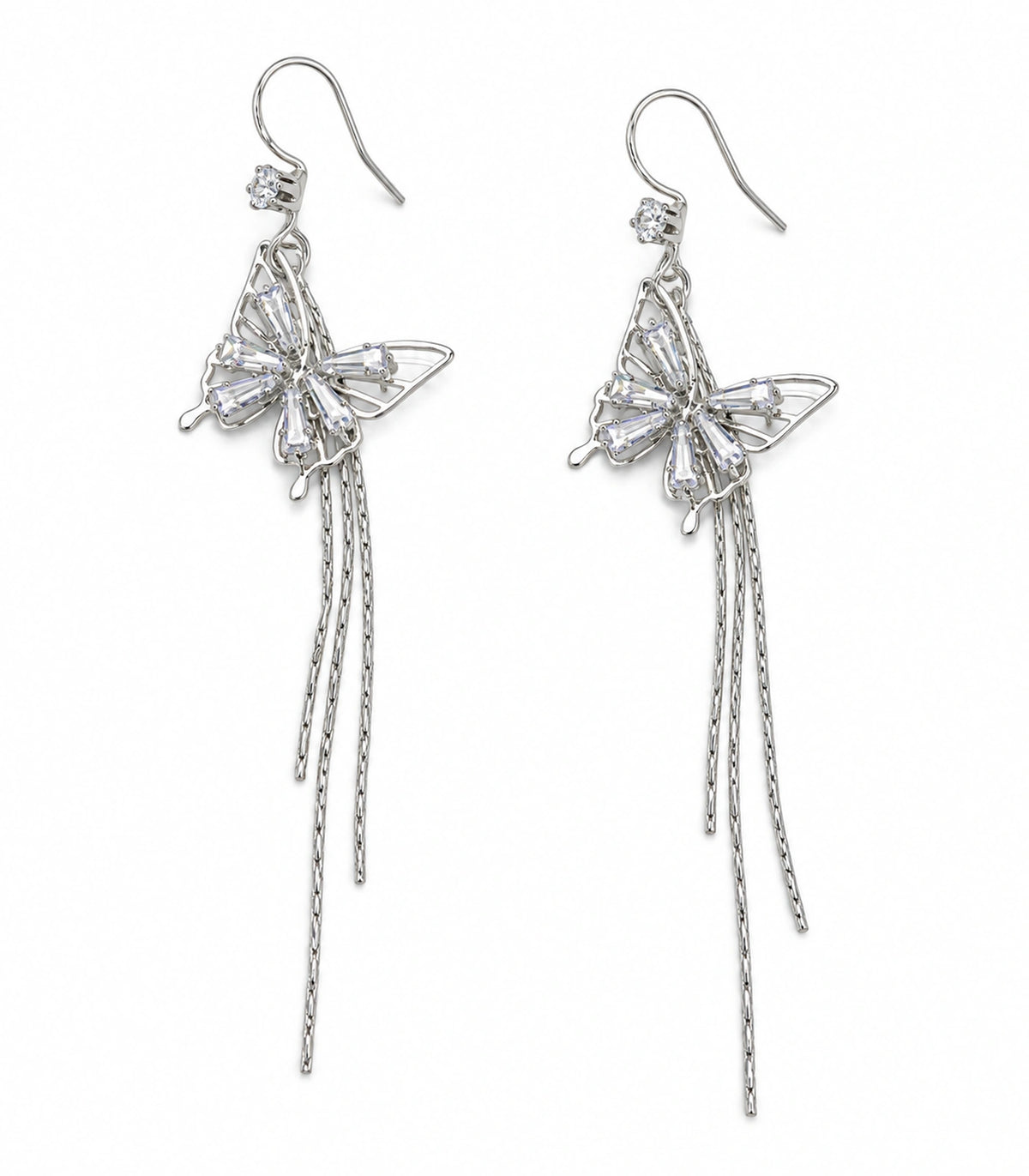 JIMIKI Silver Tone Baguette Butterfly Three Chain Earring Pair in Silver-tone, white background product view