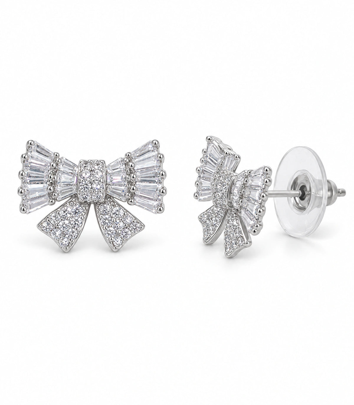JIMIKI Baguette Crystal Bow Stud Earring Pair in Silver-tone, white background product view #color_silver-tone