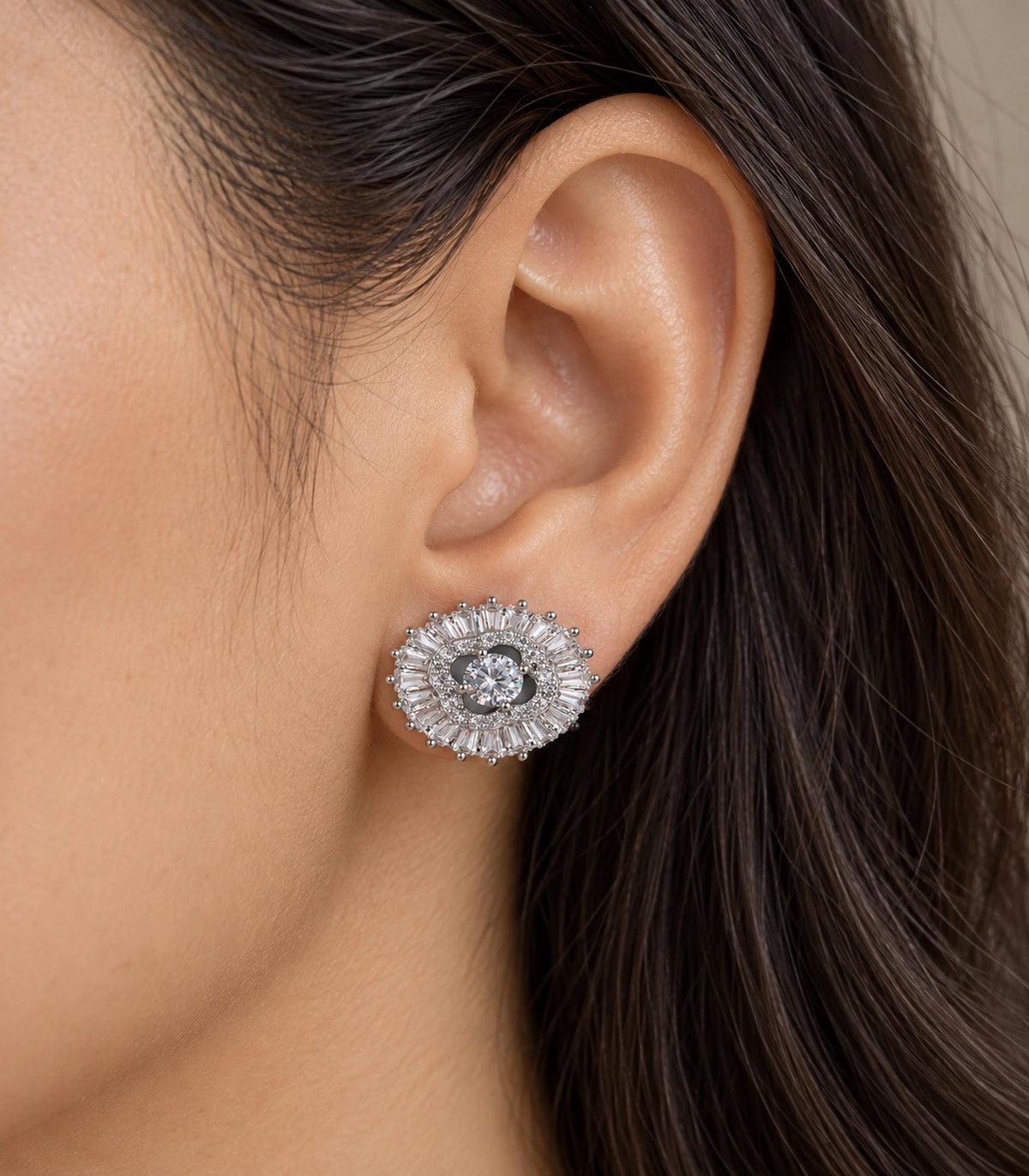 JIMIKI Baguette Halo Round Crystal Stud Earring Pair in Silver Tone, close-up detail #color_silver tone