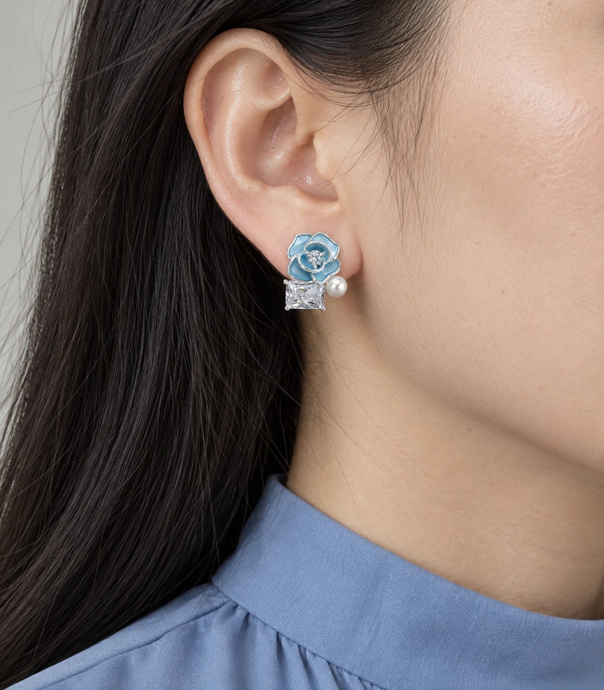 JIMIKI Flower Pearl Square Crystal Stud Earring Pair in Silver tone / Blue, model wearing view #color_silver tone / blue