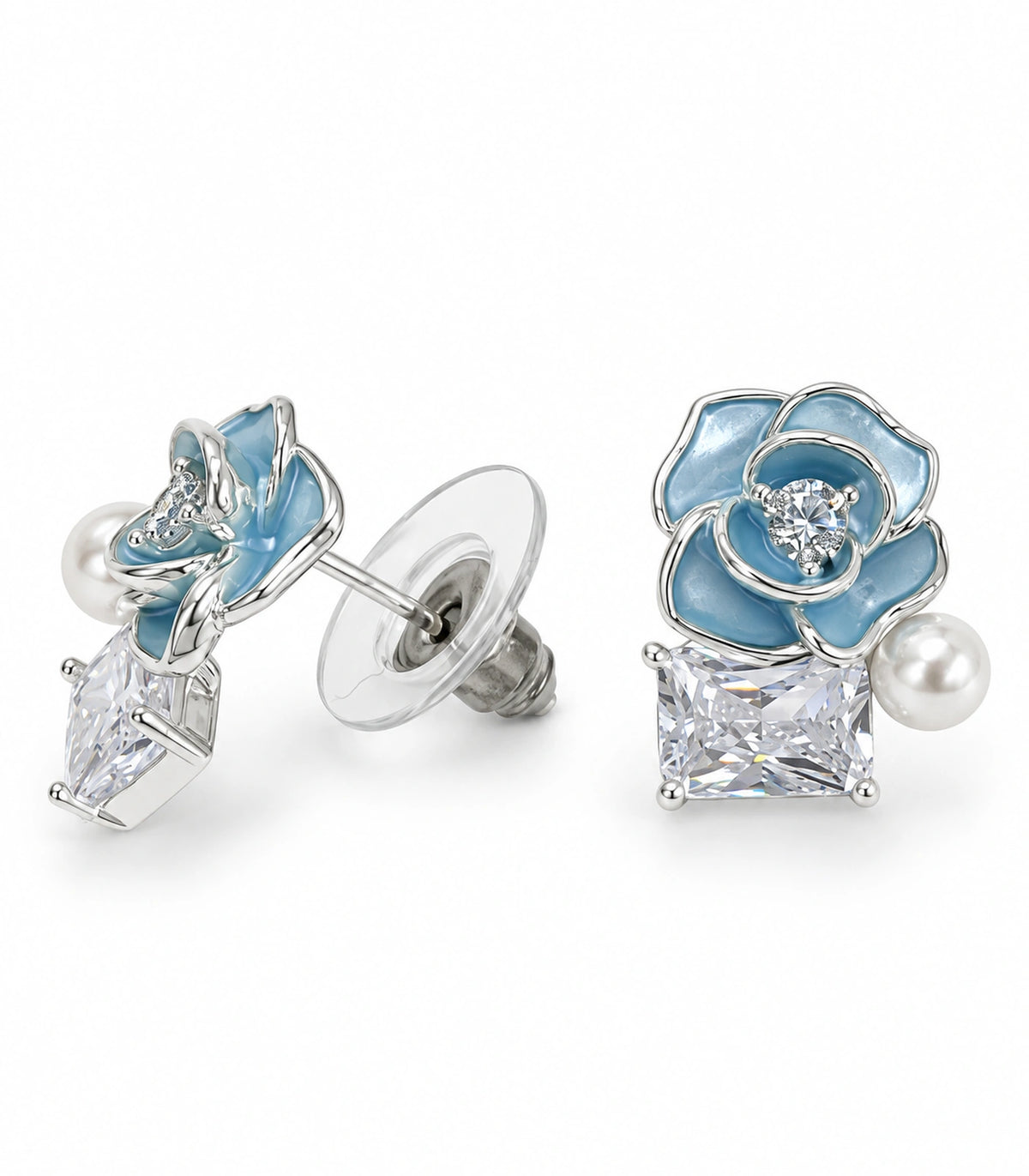 JIMIKI Flower Pearl Square Crystal Stud Earring Pair in Silver tone / Blue, white background product view #color_silver tone / blue