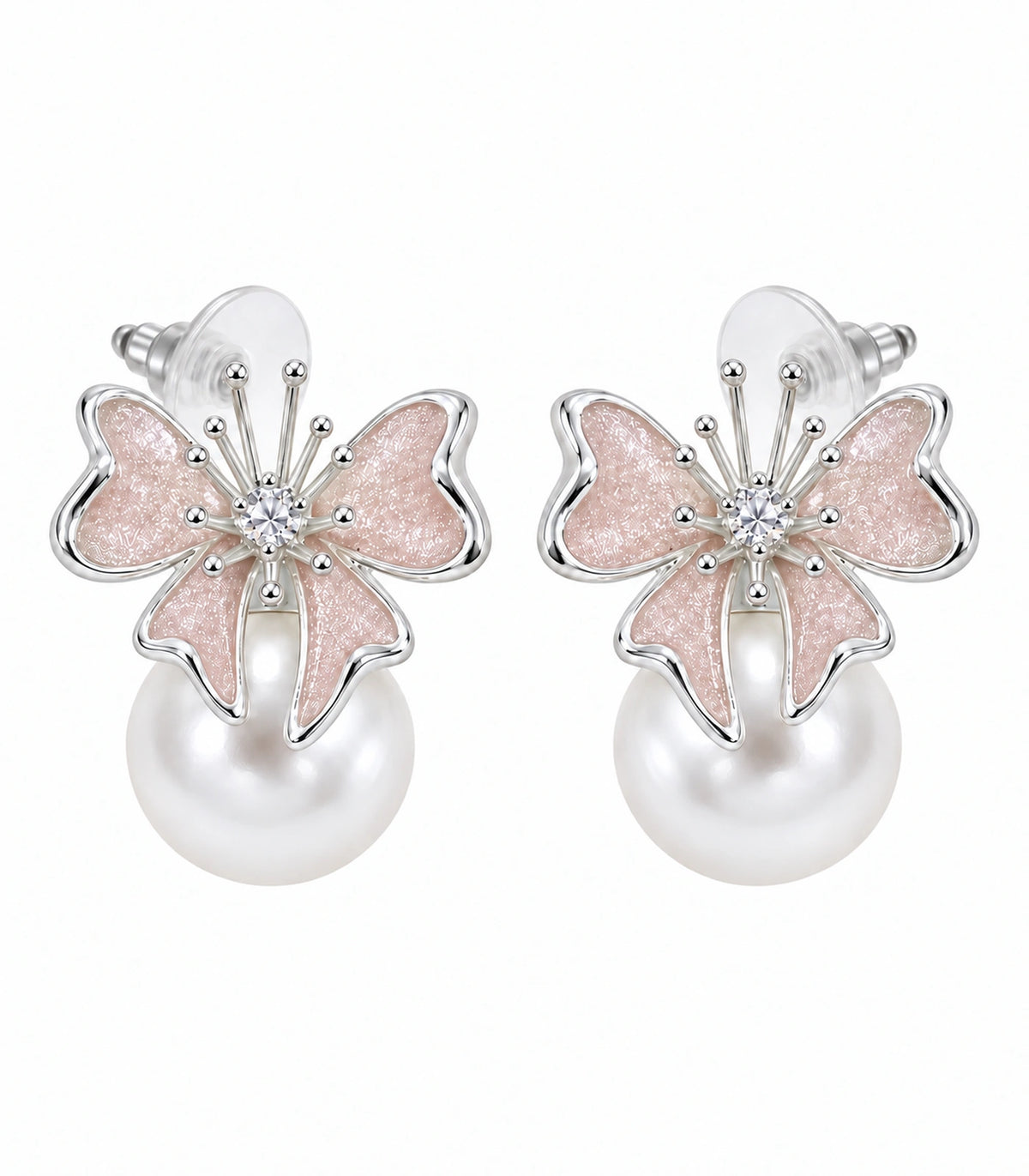 JIMIKI Butterfly Pearl Stud Earring Pair in Silver Tone / Blush, white background product view #color_silver tone / blush