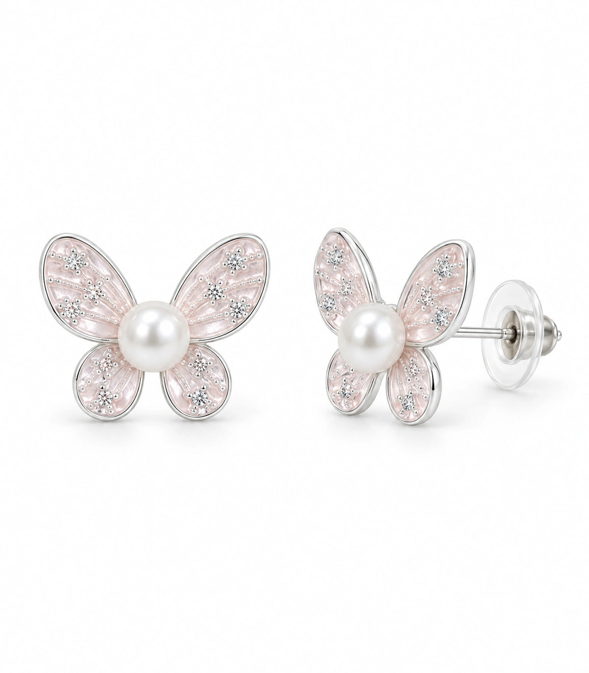 JIMIKI Silver Tone Blush Pink Pearl Butterfly Stud Earring Pair in Blush pink, white background product view