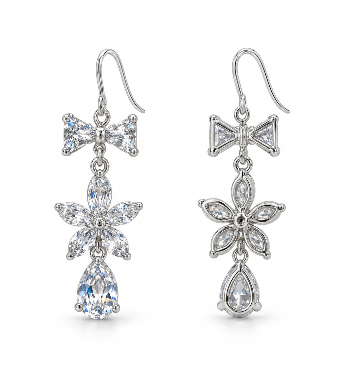 JIMIKI Silver-Tone Bow Flower Pear Drop Earrings in Silver-tone / clear, white background product view