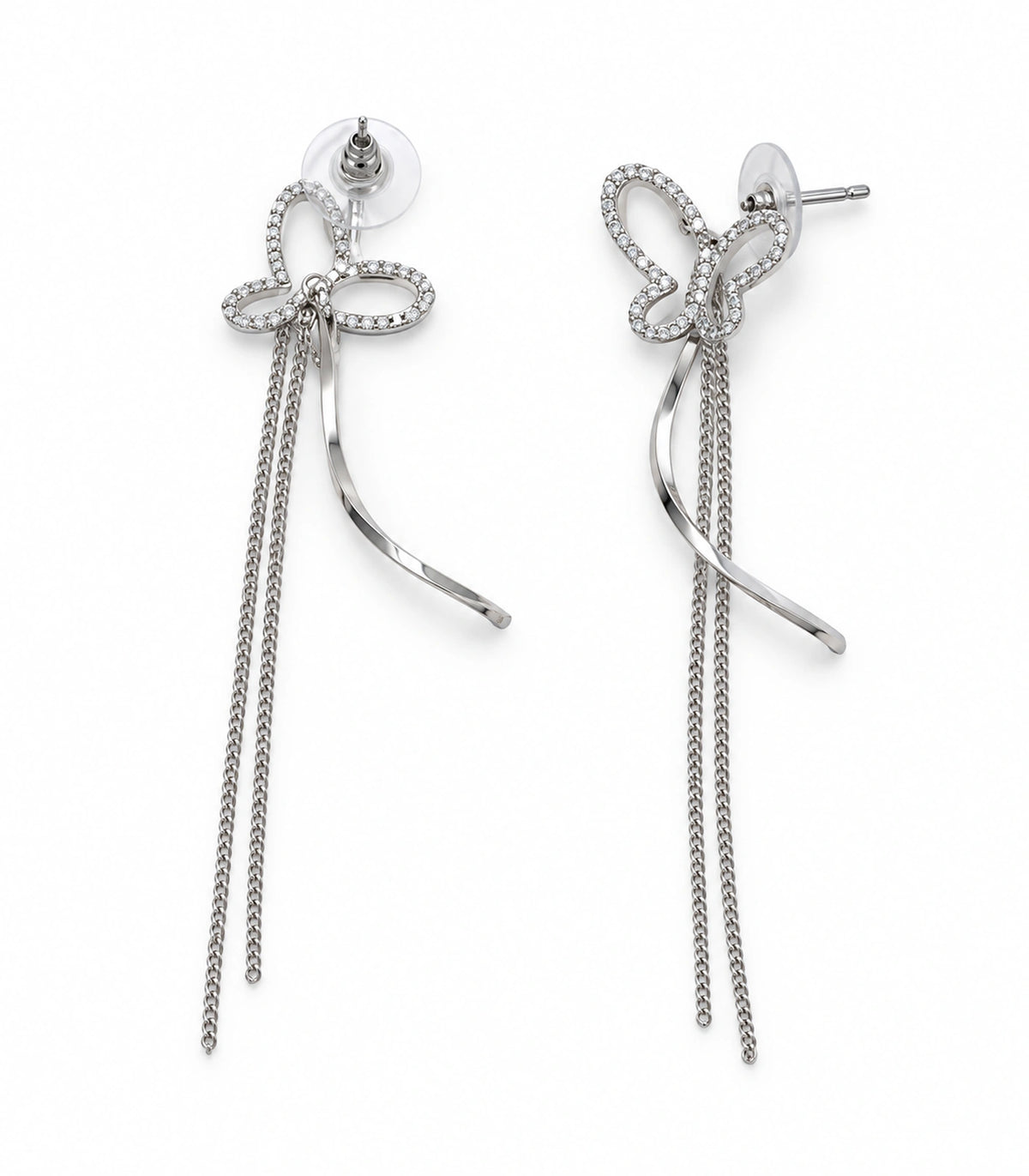 JIMIKI Butterfly Ribbon Chain Drop Earrings in Silver-tone, white background product view #color_silver-tone