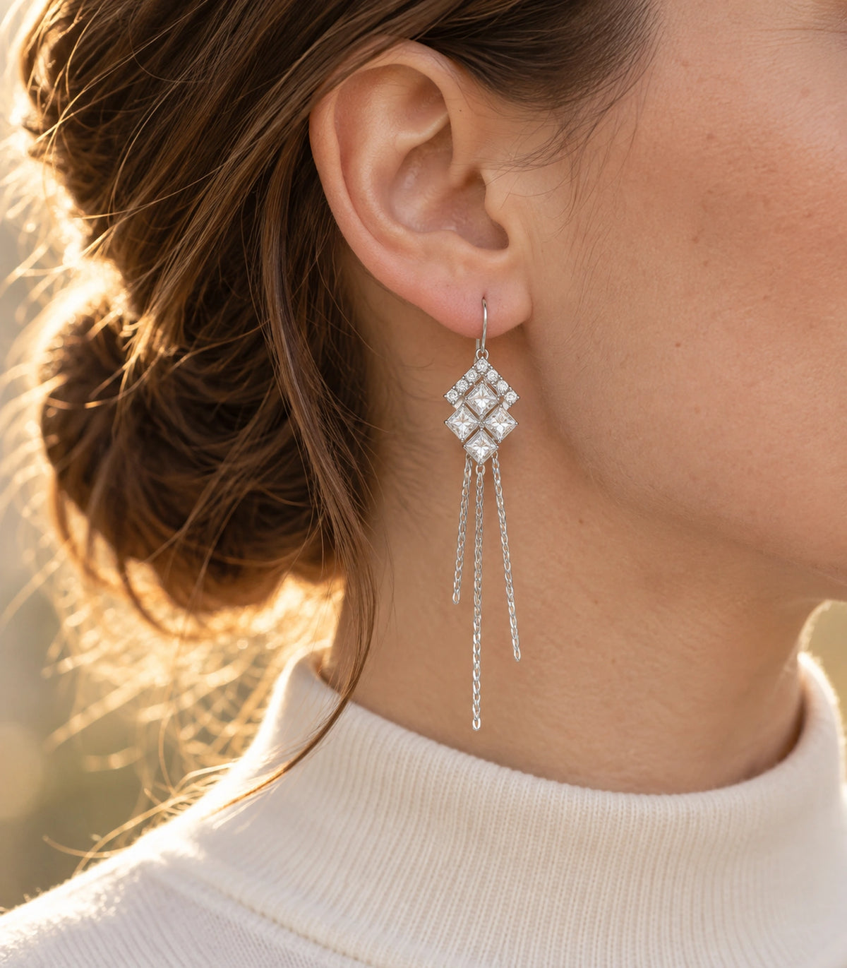 JIMIKI Silver Tone Chevron Crystal Three Chain Earring Pair in Silver-tone, editorial model view