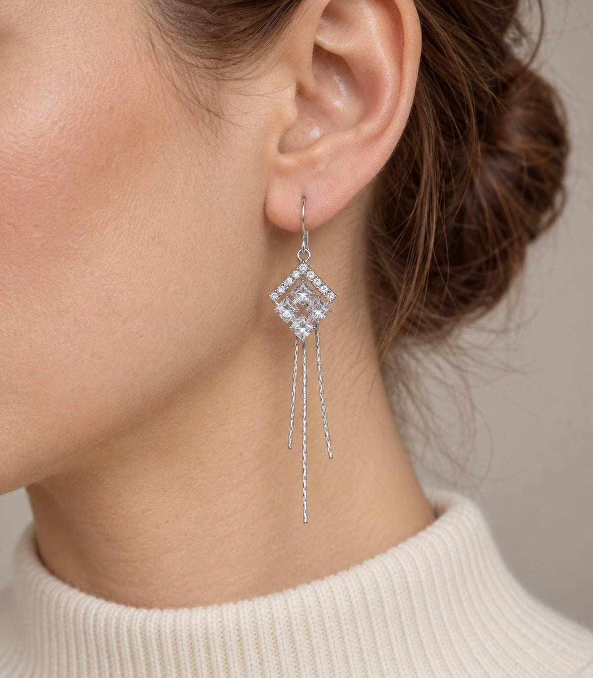JIMIKI Silver Tone Chevron Crystal Three Chain Earring Pair in Silver-tone, model wearing view