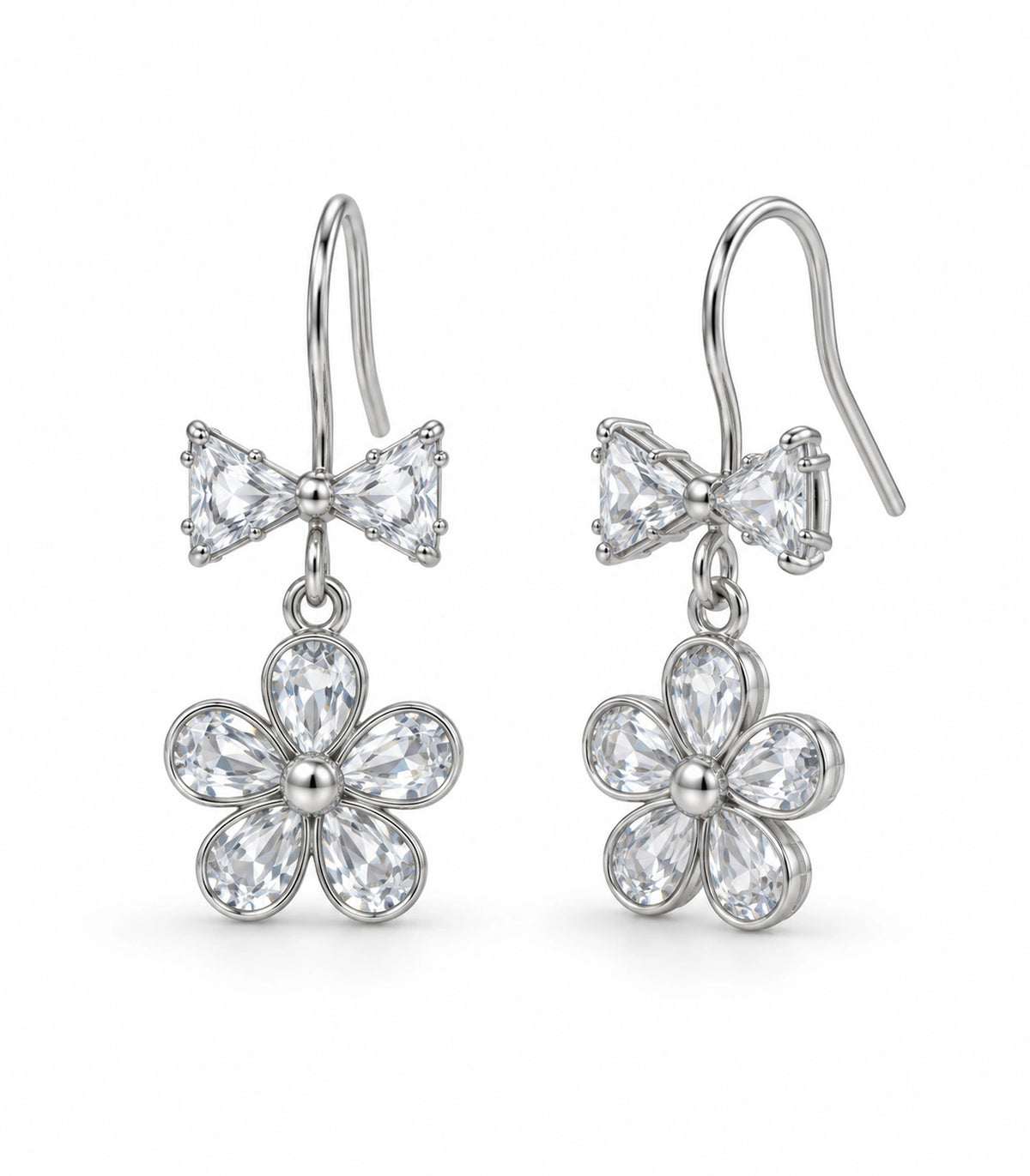 JIMIKI Silver Tone Clear Bow Five Petal Flower Drop Earring Pair in Silver tone / clear, white background product view