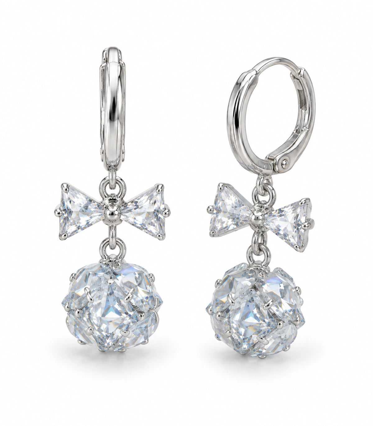 JIMIKI Silver Tone Clear Crystal Bow Cluster Ball Hoop Earring Pair in Silver tone / clear, white background product view