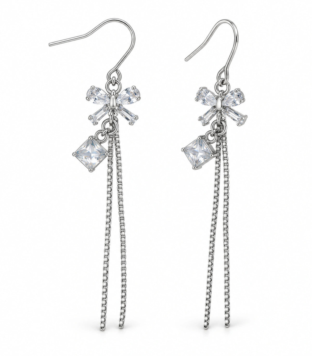 JIMIKI Silver Tone Clear Crystal Bow Square Chain Tassel Earring Pair in Silver tone / clear, white background product view