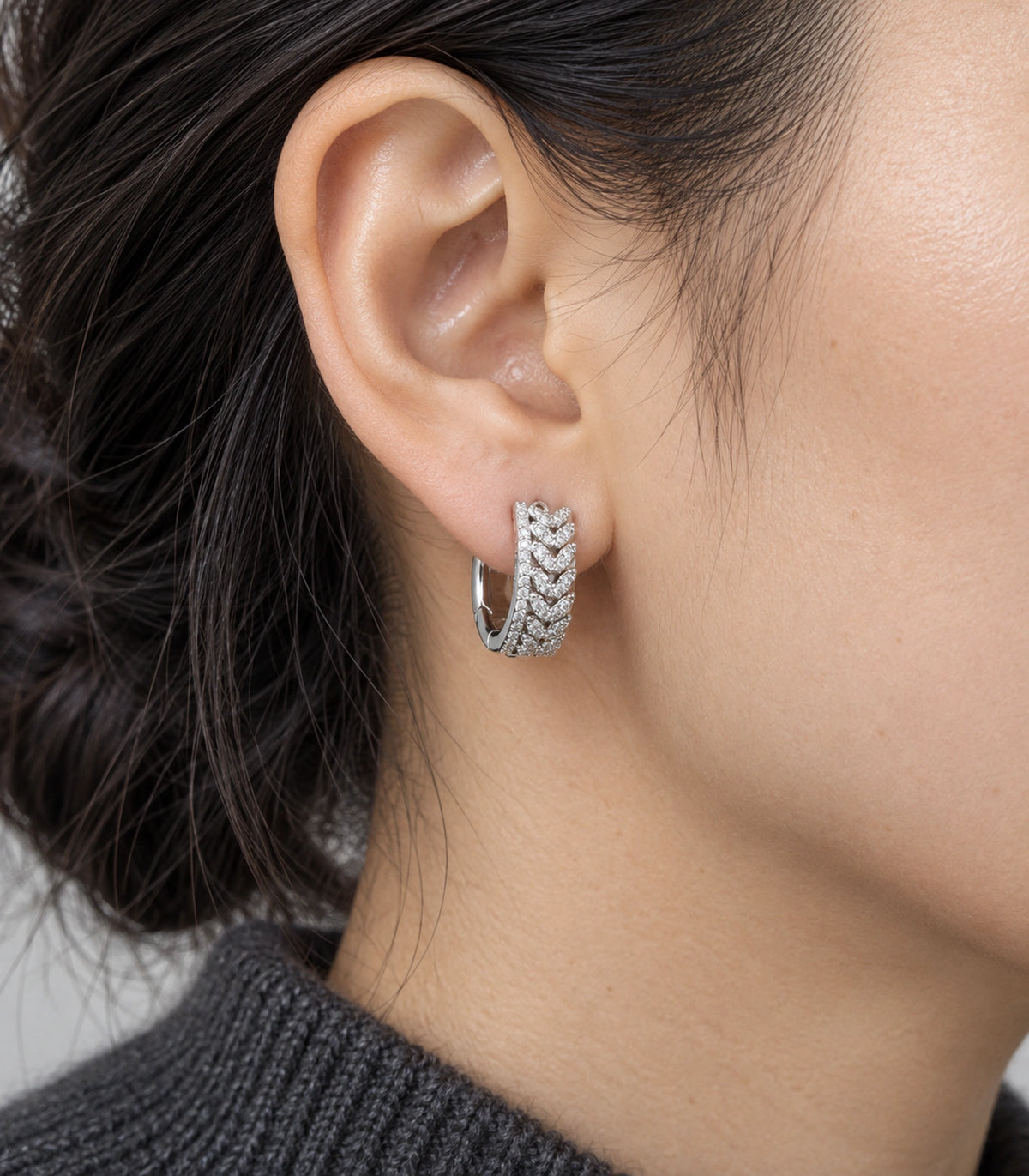 JIMIKI Crystal Chain Pattern Hoop Earring Pair in Silver tone/Clear, close-up detail #color_silver tone/clear