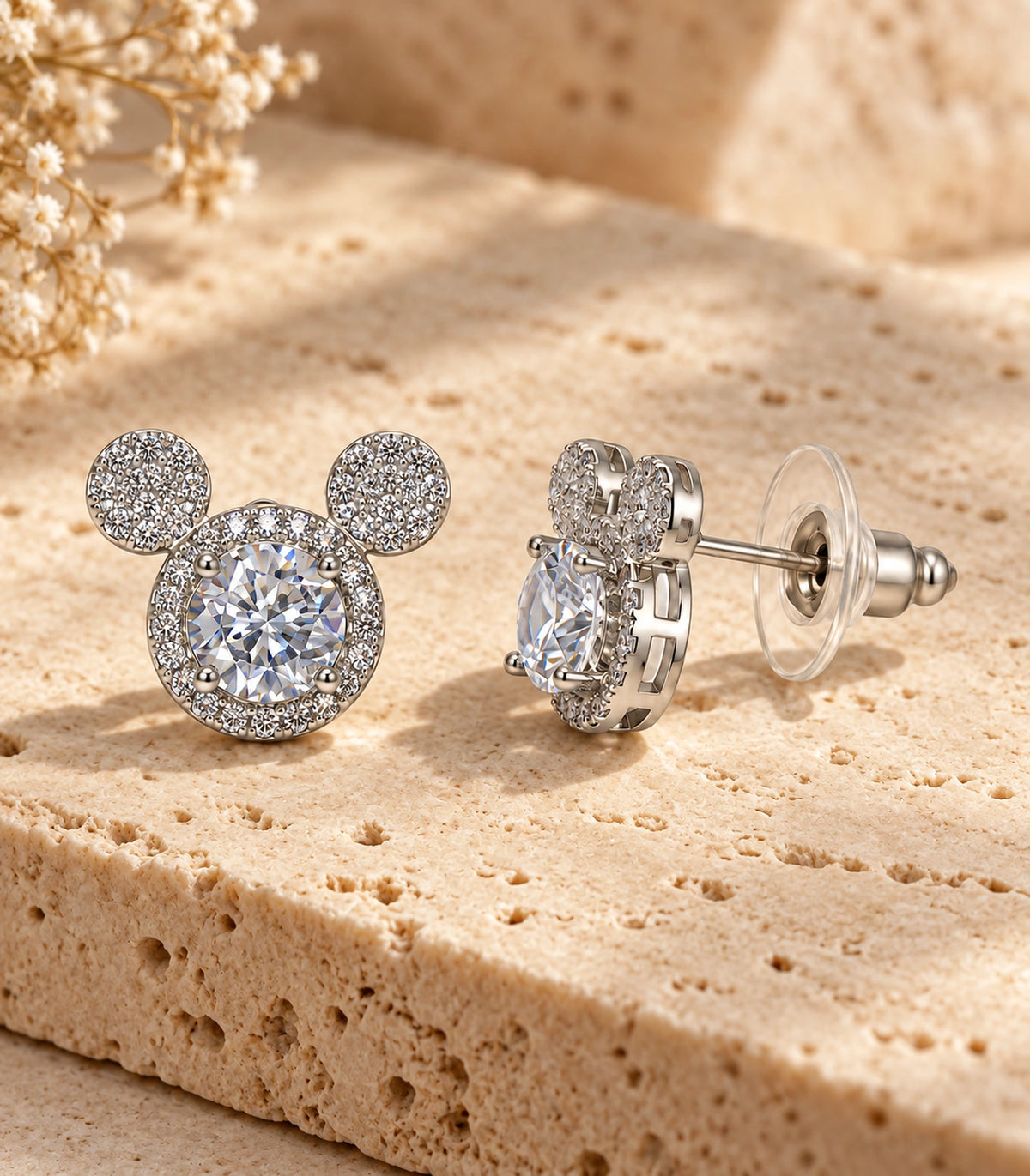 JIMIKI Crystal Three Circle Stud Earring Pair in Silver tone / clear, editorial flat lay #color_silver tone / clear