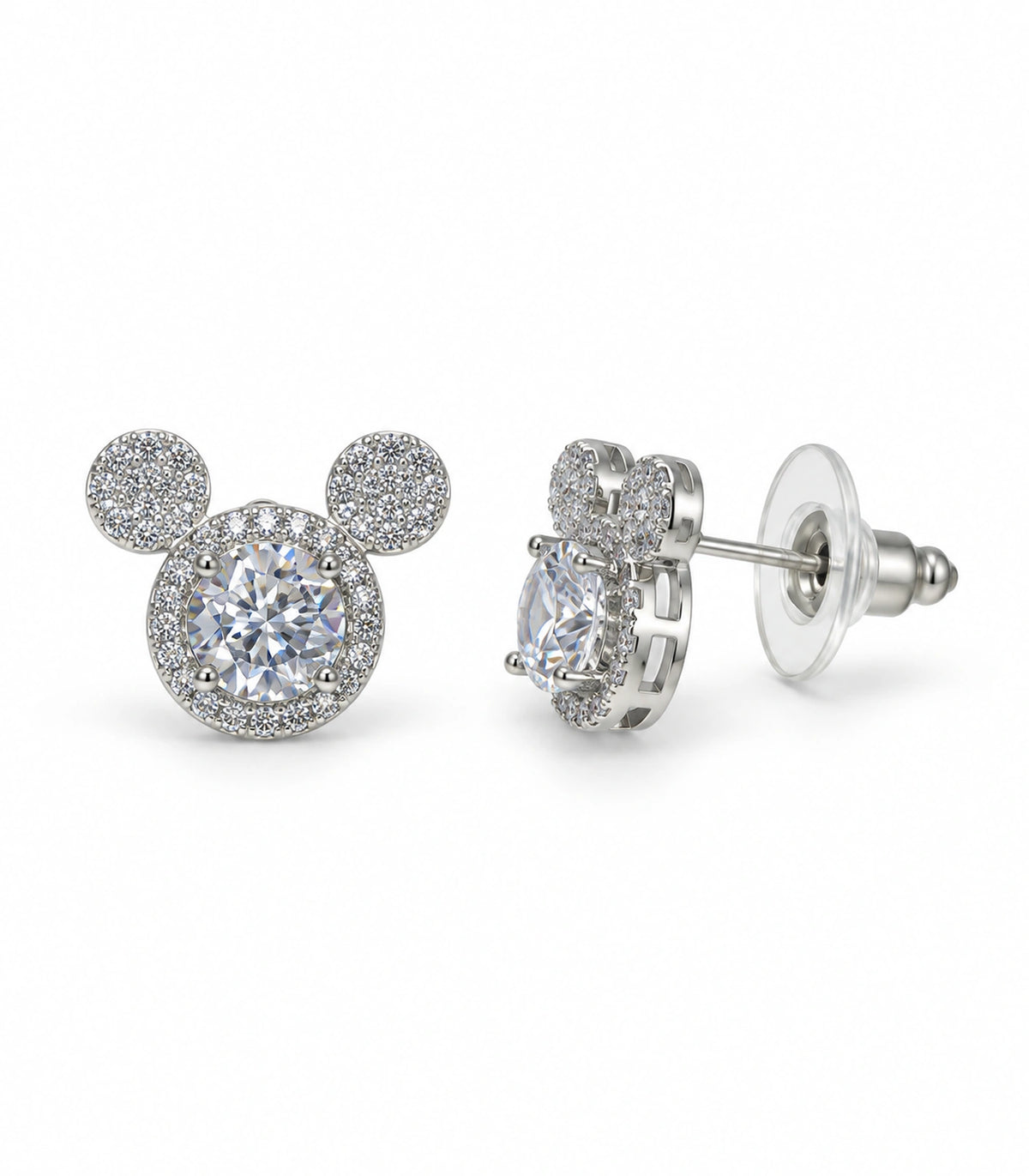 JIMIKI Crystal Three Circle Stud Earring Pair in Silver tone / clear, white background product view #color_silver tone / clear