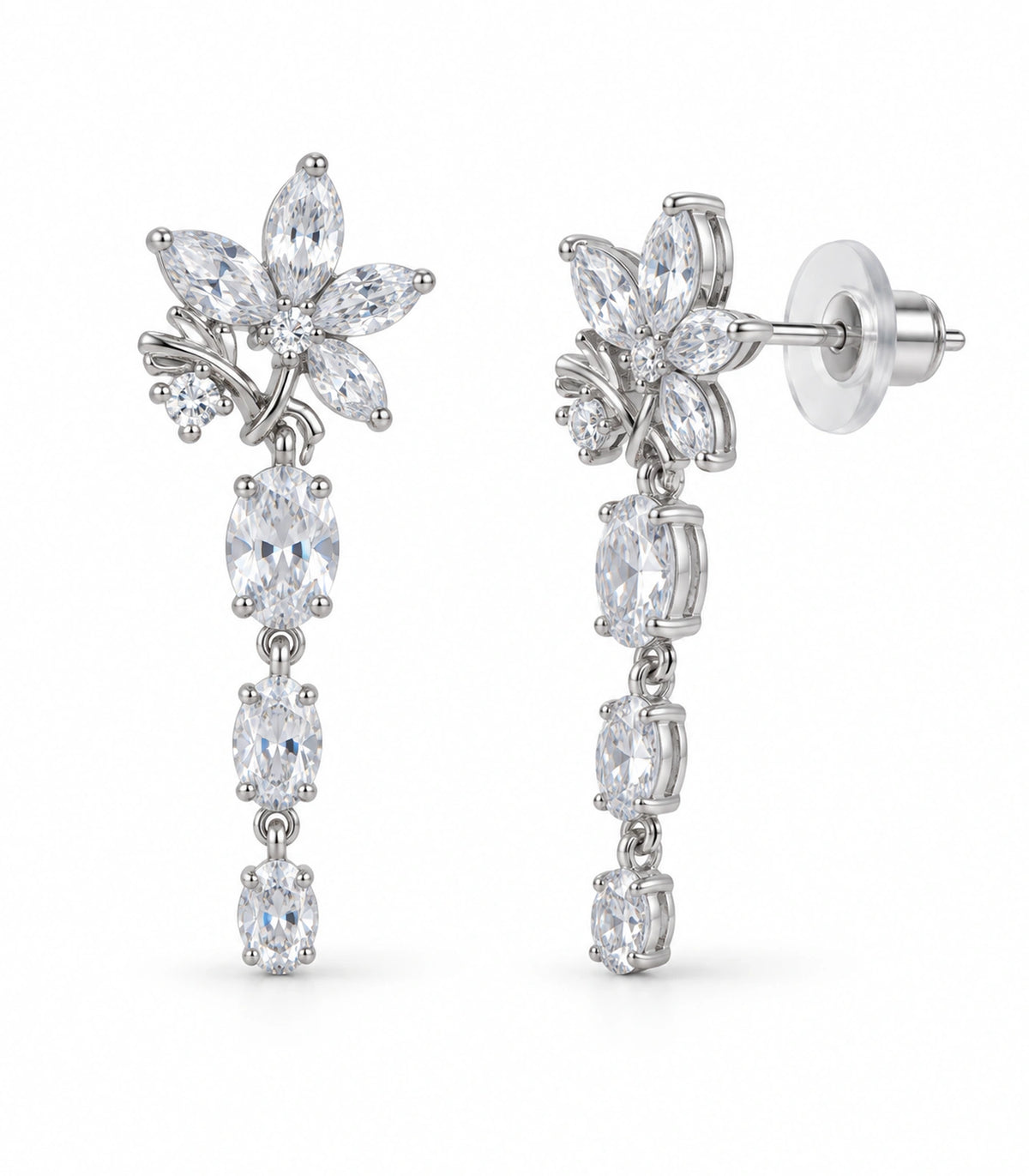 JIMIKI Floral Triple Oval Drop Earring Pair in Silver tone / clear, white background product view #color_silver tone / clear