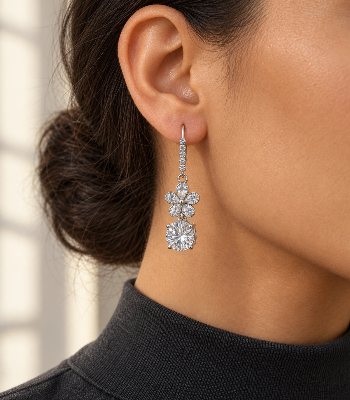 JIMIKI Silver Tone Clear Flower Round Solitaire Drop Earring Pair in Silver tone / clear, editorial model view