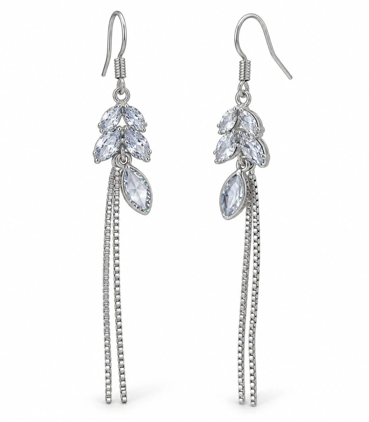 JIMIKI Silver Tone Clear Leaf Cluster Chain Tassel Earring Pair in Silver tone / clear, white background product view