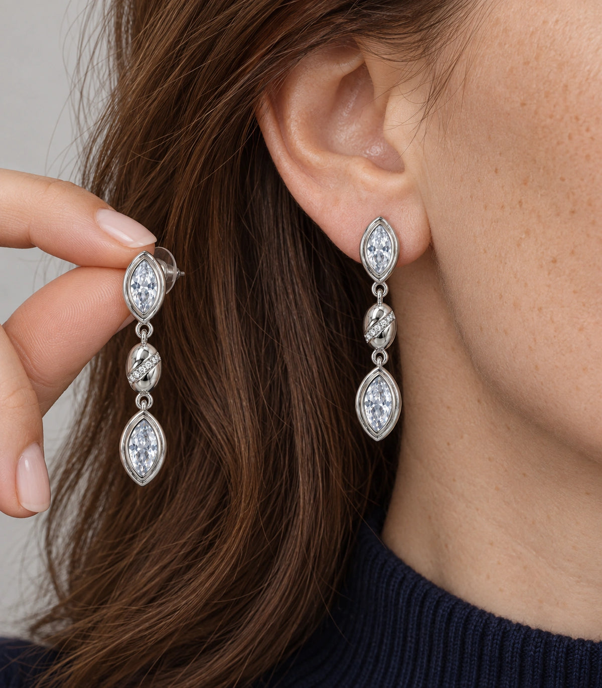 JIMIKI Marquise Crystal Oval Link Drop Earring Pair in Silver-tone, close-up detail #color_silver-tone