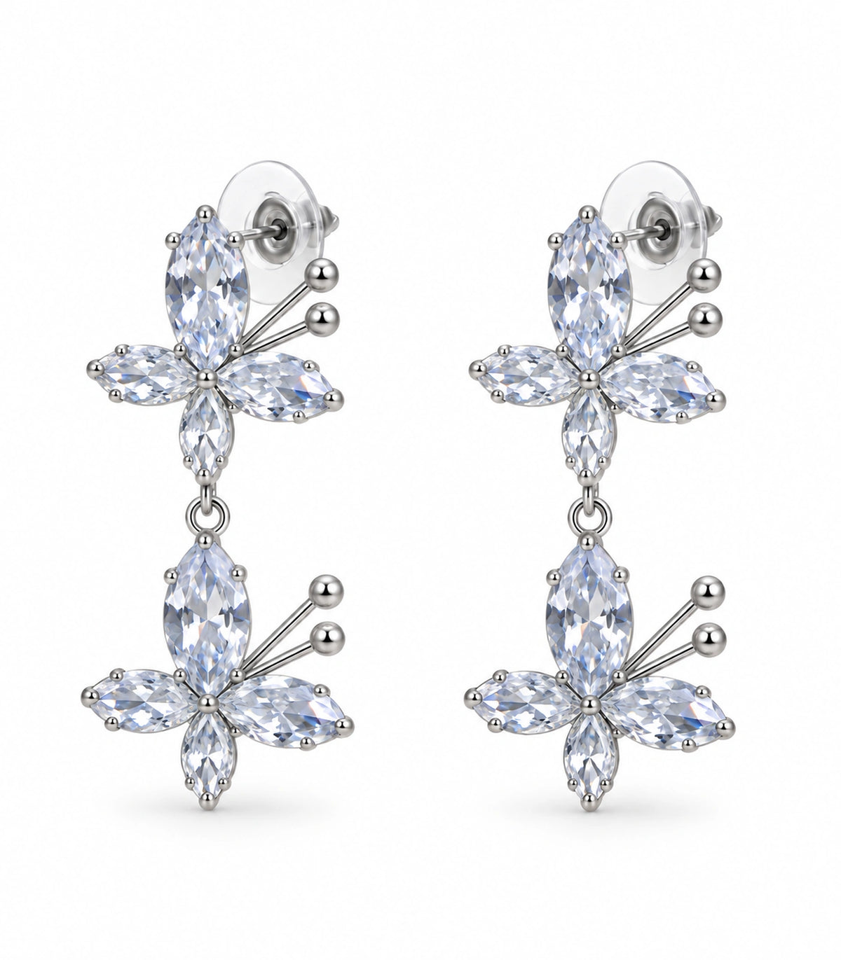 JIMIKI Silver Tone Clear Marquise Double Butterfly Drop Earring Pair in Clear / Silver, white background product view