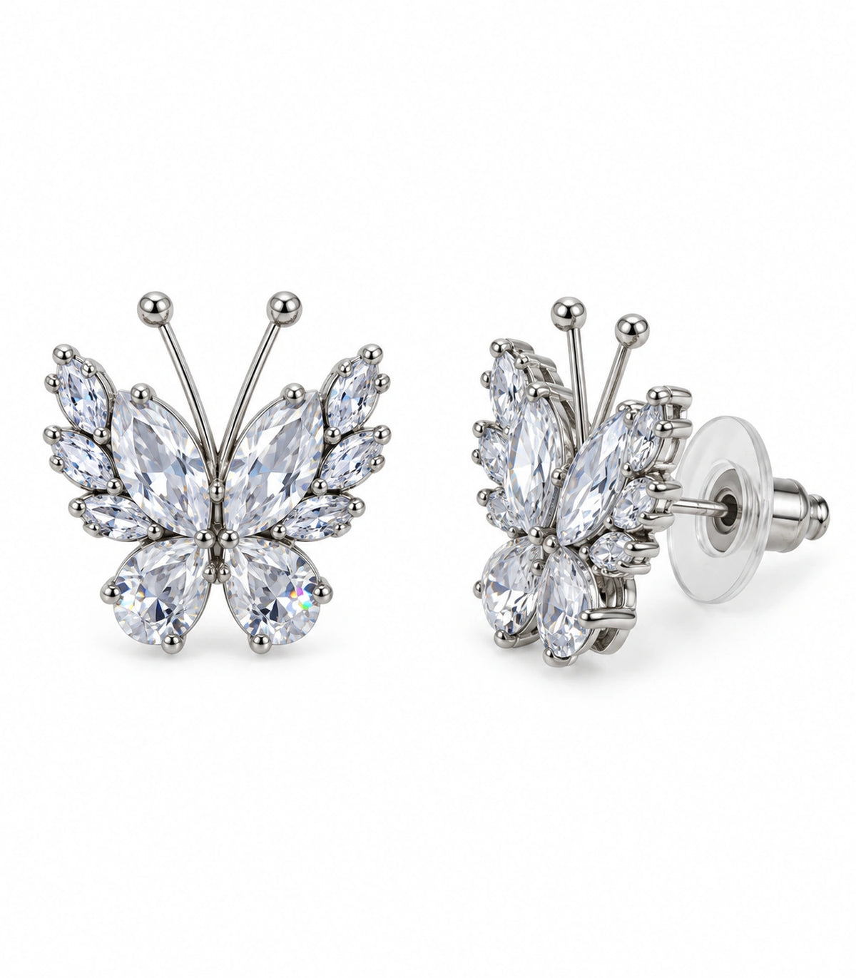 JIMIKI Marquise Teardrop Butterfly Stud Earring Pair in Silver tone/Clear, white background product view #color_silver tone/clear