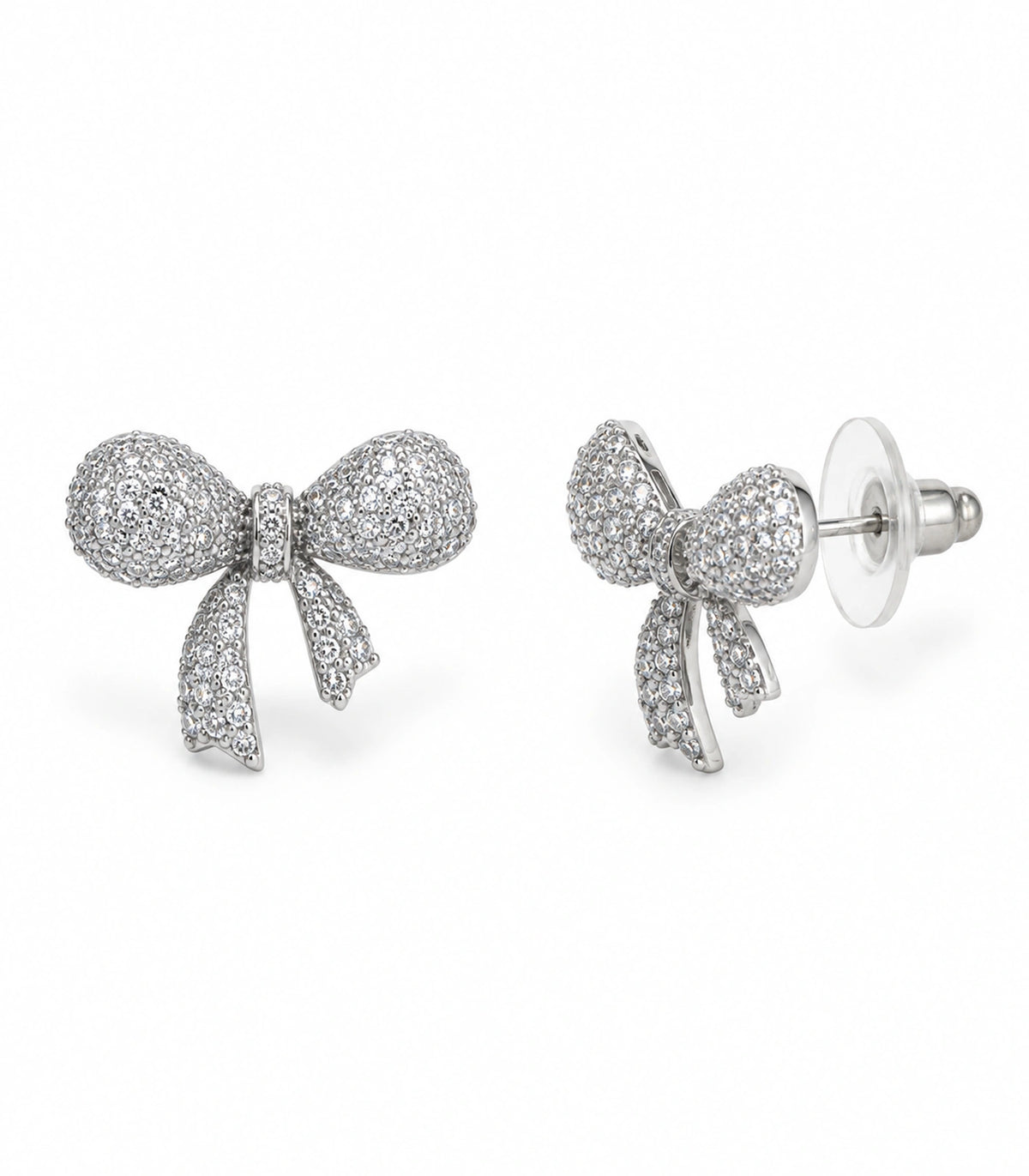 JIMIKI Pave Ribbon Bow Stud Earring Pair in Silver-tone, white background product view #color_silver-tone