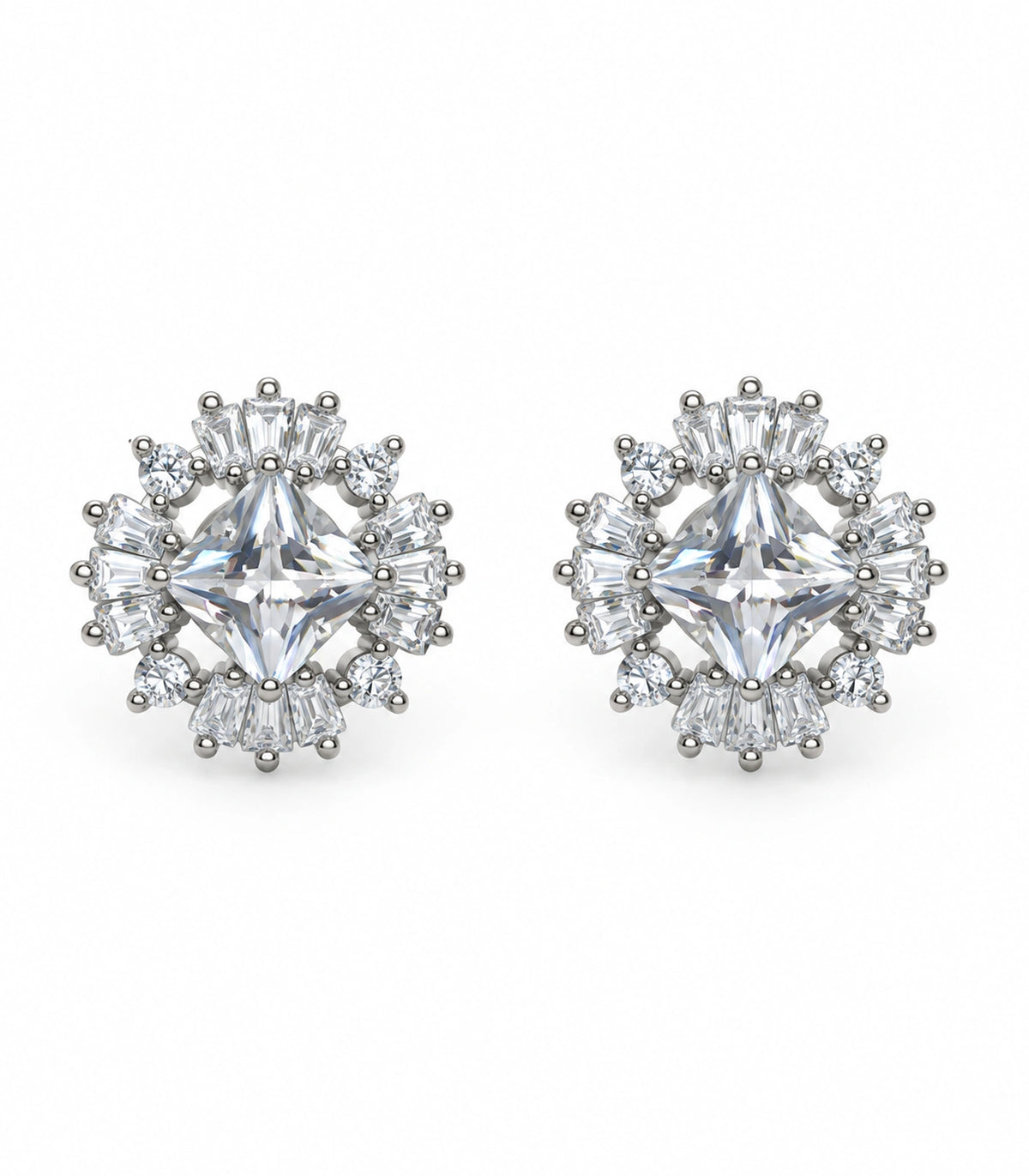 JIMIKI Star Crystal Baguette Halo Stud Earring Pair in Silver tone, white background product view #color_silver tone