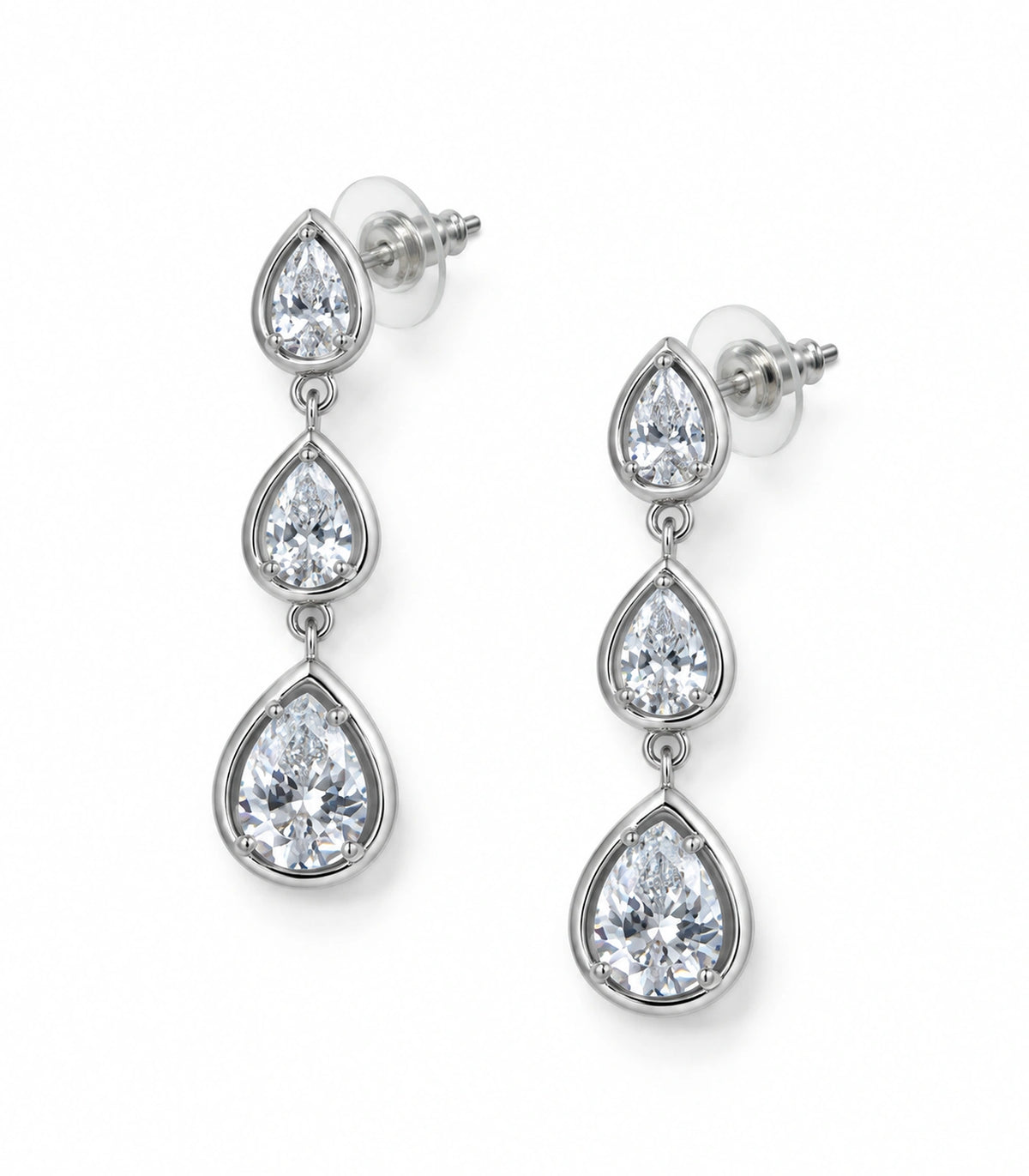 JIMIKI Silver Tone Clear Triple Teardrop Drop Earring Pair in Silver Tone, white background product view